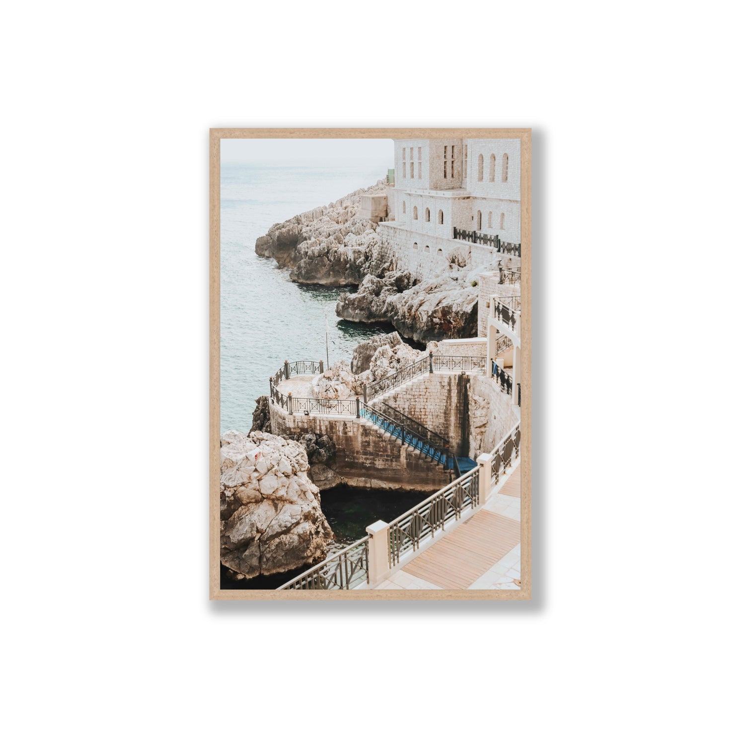 Wellness Centre Puglia coastal wall art Extra Large full-bleed fine art print in natural oak frame