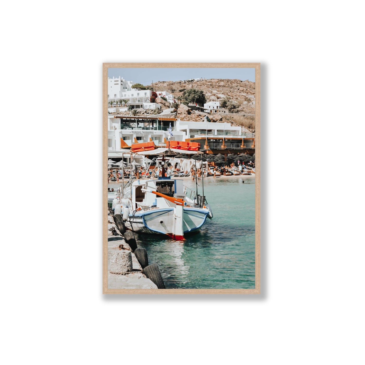 Travel In Style Mykonos Greek island wall art Extra Large full-bleed fine art print in natural oak frame