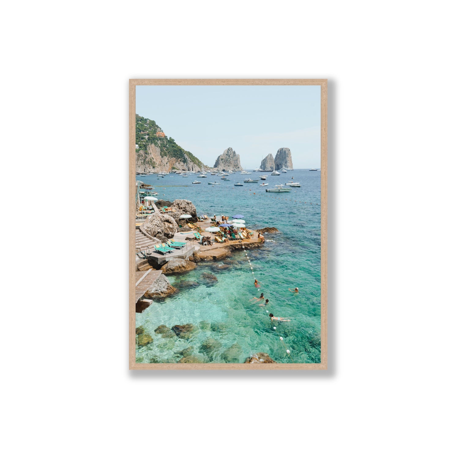 Summertime Blues Capri Mediterranean wall art Extra Large full-bleed fine art print in natural oak frame