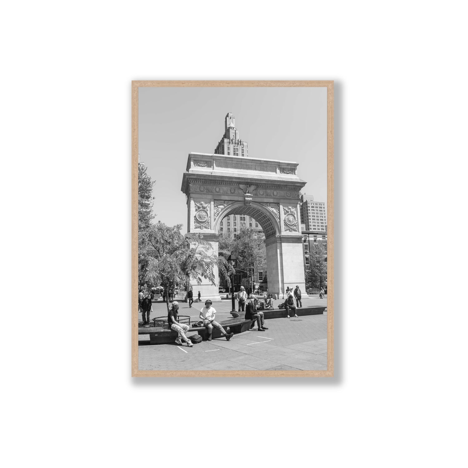 City Picnic New York NYC Black & White wall art Extra Large full-bleed fine art print in natural oak frame