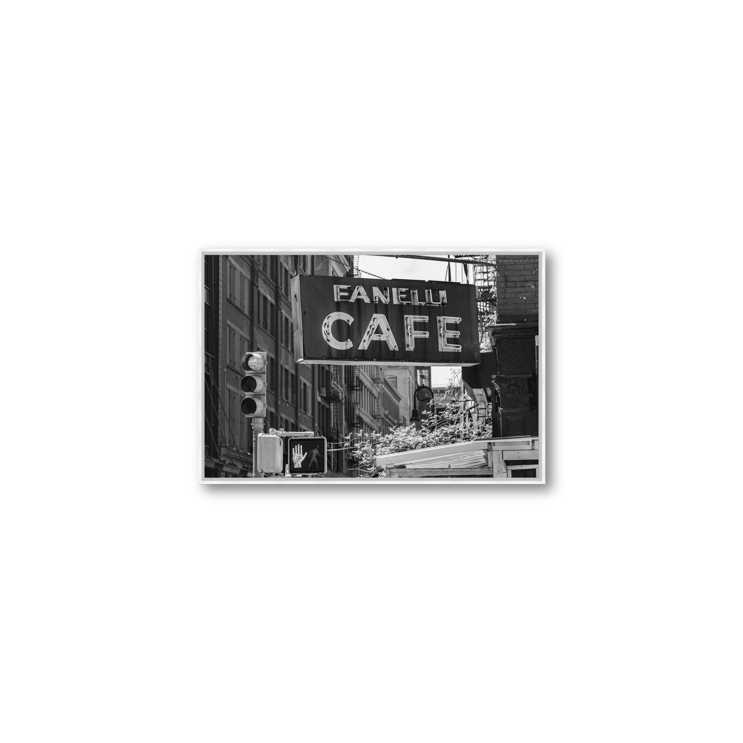 Soho Neon New York NYC Black & White wall art Medium fine art canvas in white float frame