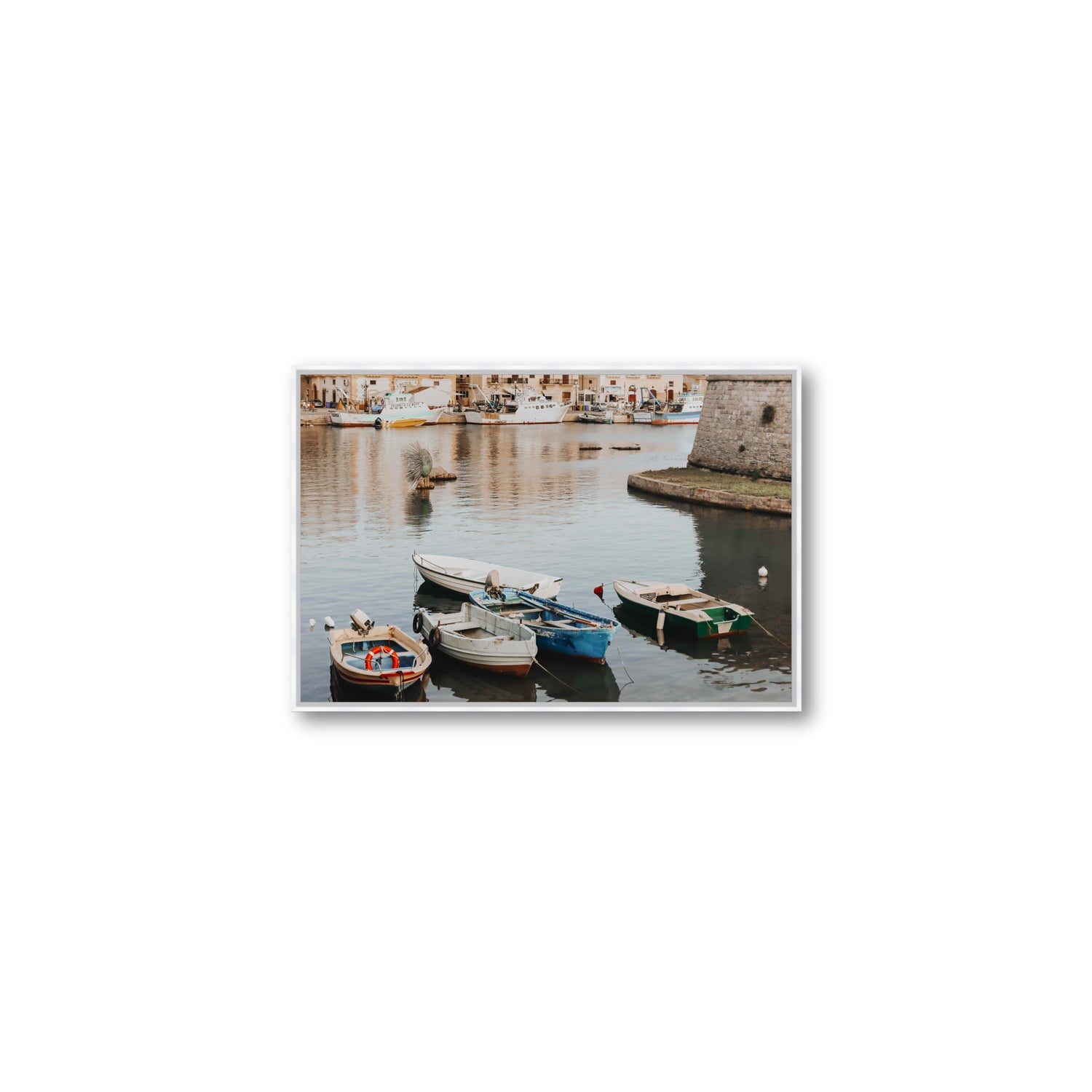 Cinque Barche Puglia Gallipoli Italian art print Medium fine art canvas in white float frame