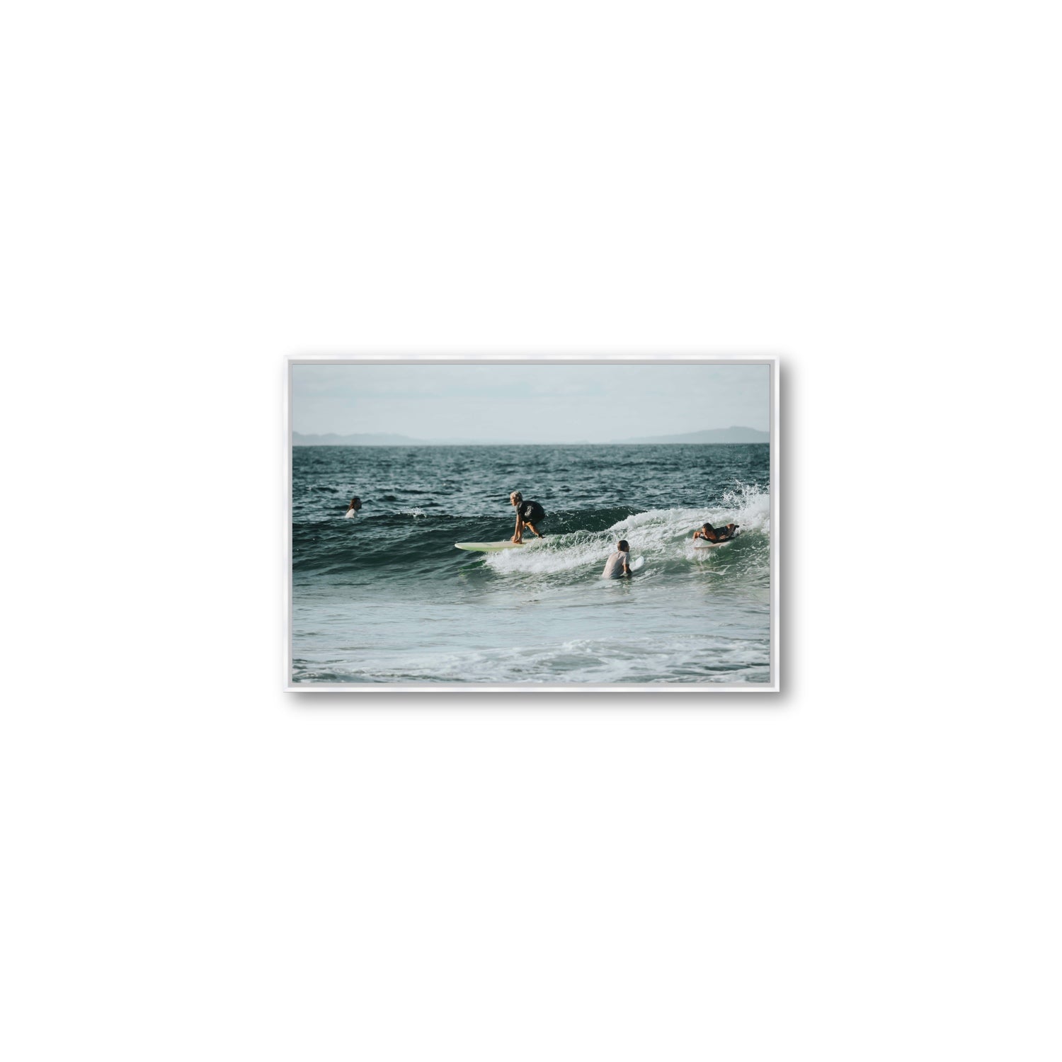 The Boys of Summer Byron Bay Surf coastal wall art Medium fine art canvas in white float frame