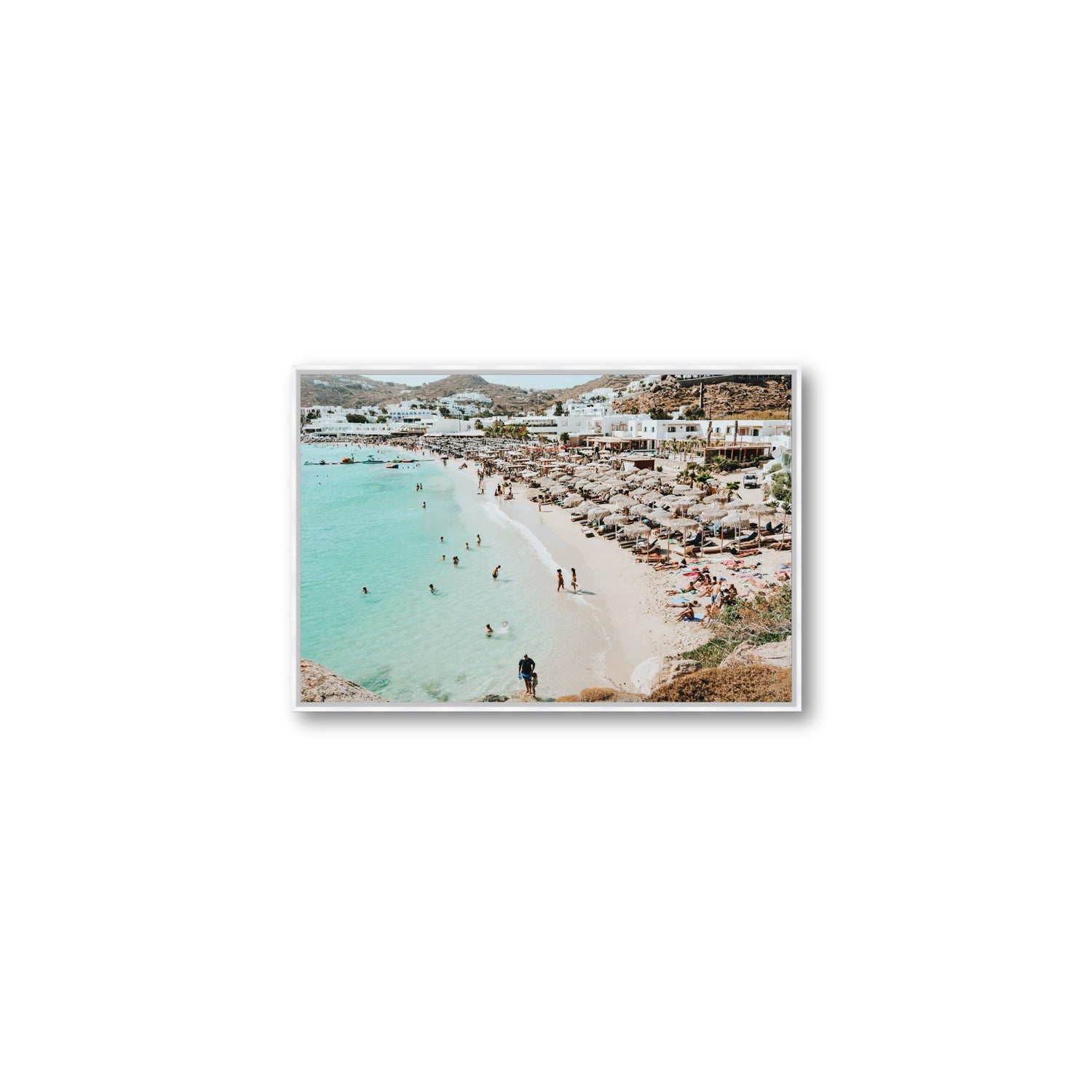 Aquaholic Mykonos Greek island wall art Medium fine art canvas in white float frame