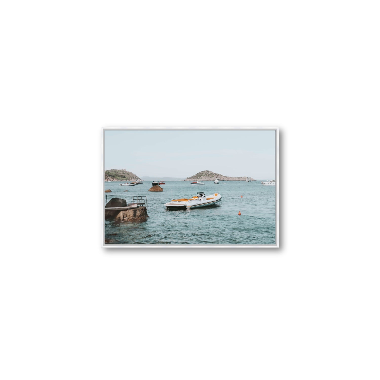 The Azure Sea Tuscany coastal Italian wall art Medium fine art canvas in white float frame