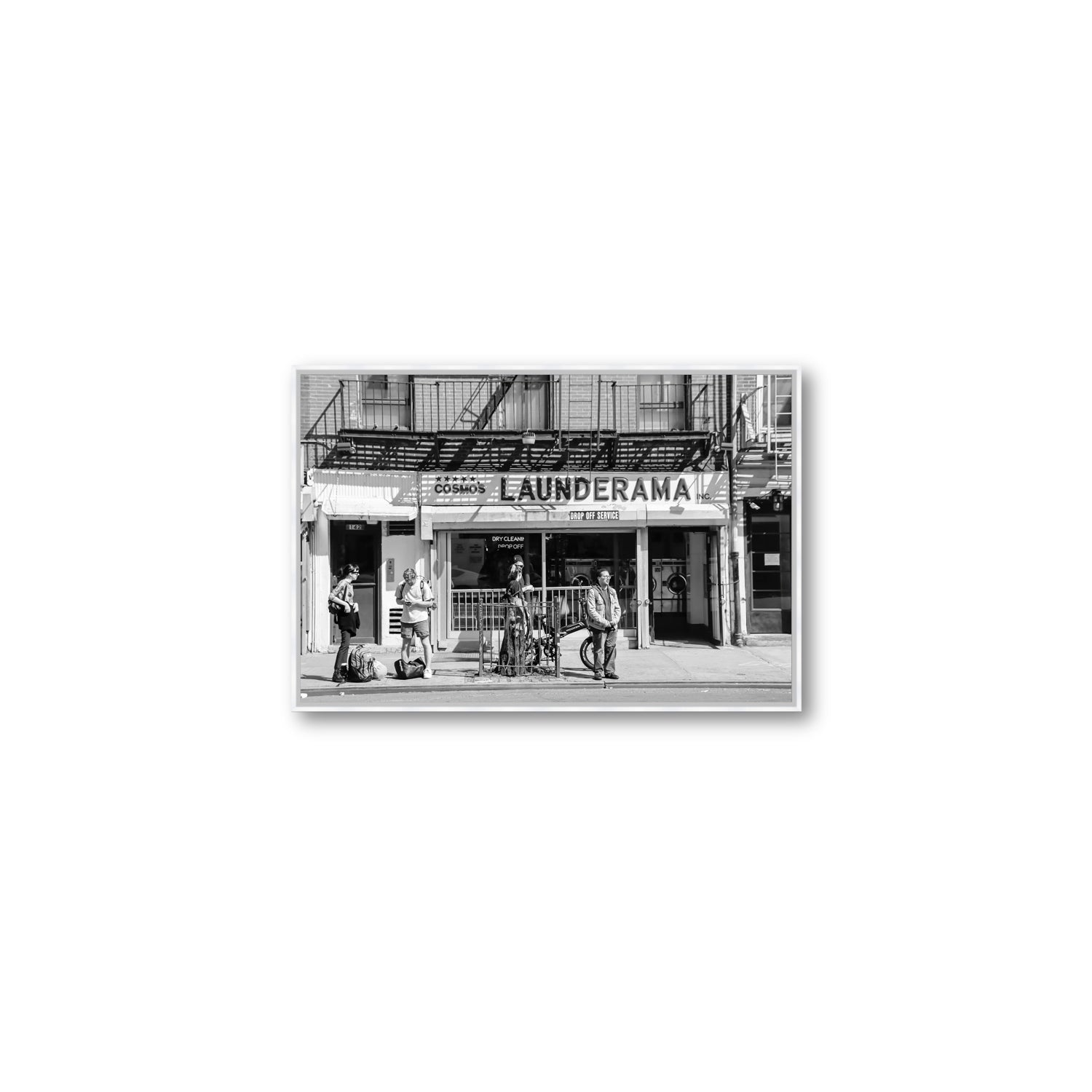 Launderama New York NYC Black & White wall art Medium fine art canvas in white float frame
