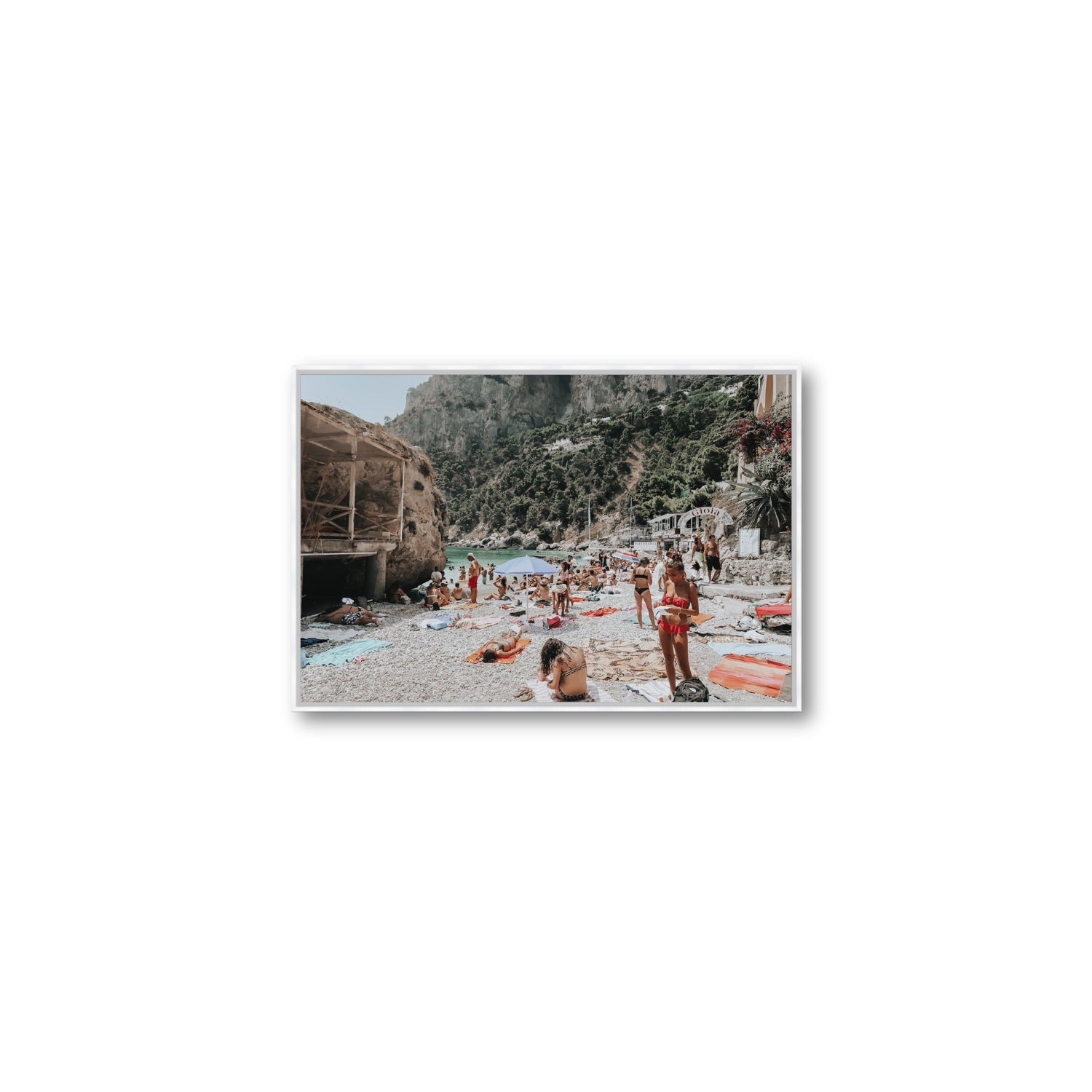 Spiaggia Da Gioia Capri beach coastal wall art Medium fine art canvas in white float frame