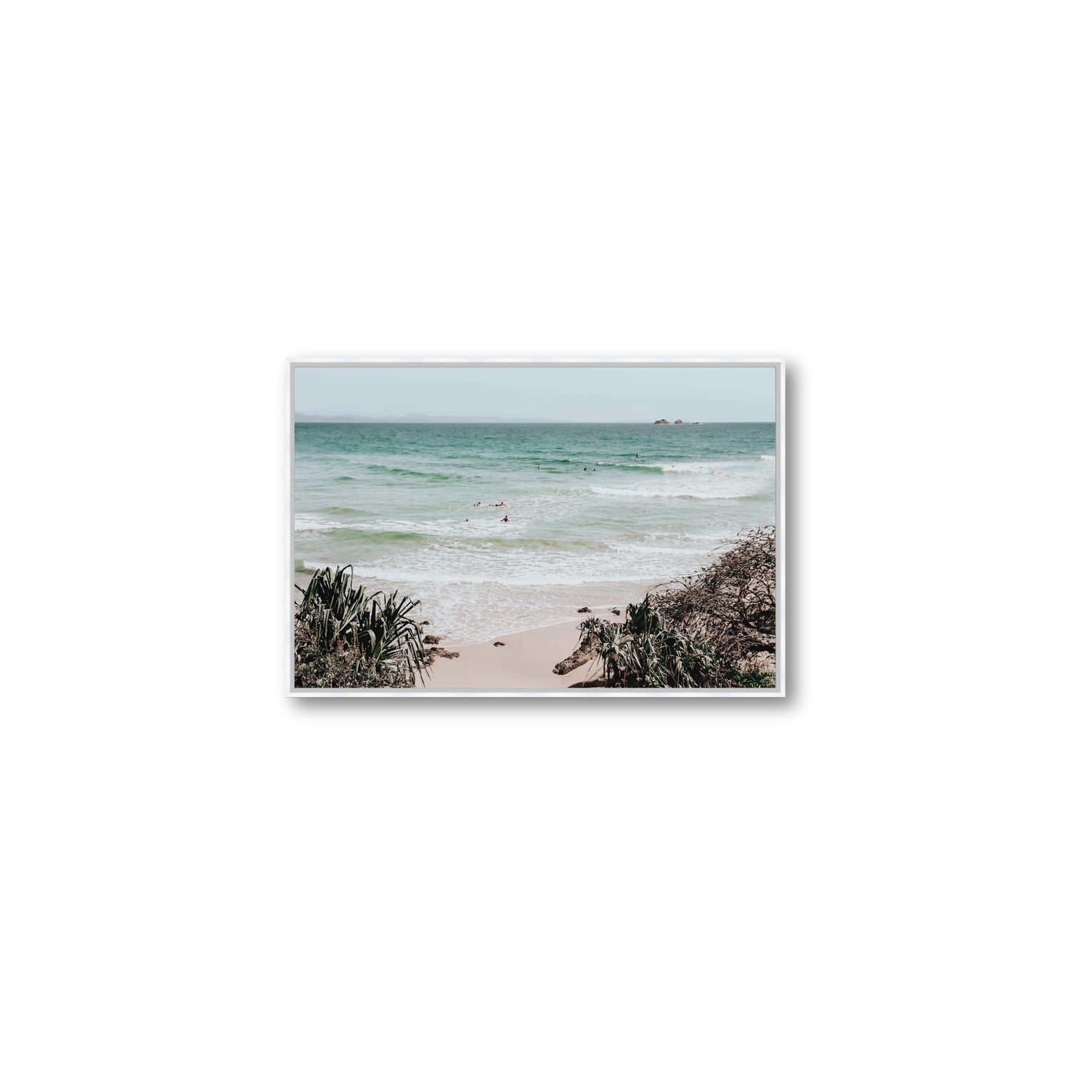 Surf City Byron Bay Surf coastal wall art Medium fine art canvas in white float frame