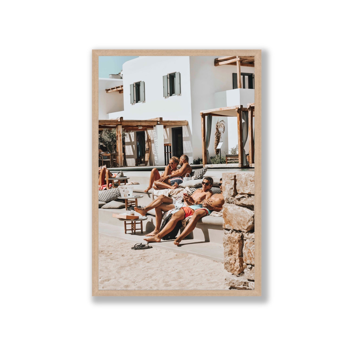 Style That Sizzles Mykonos Greek island wall art Giant full-bleed fine art print in natural oak frame