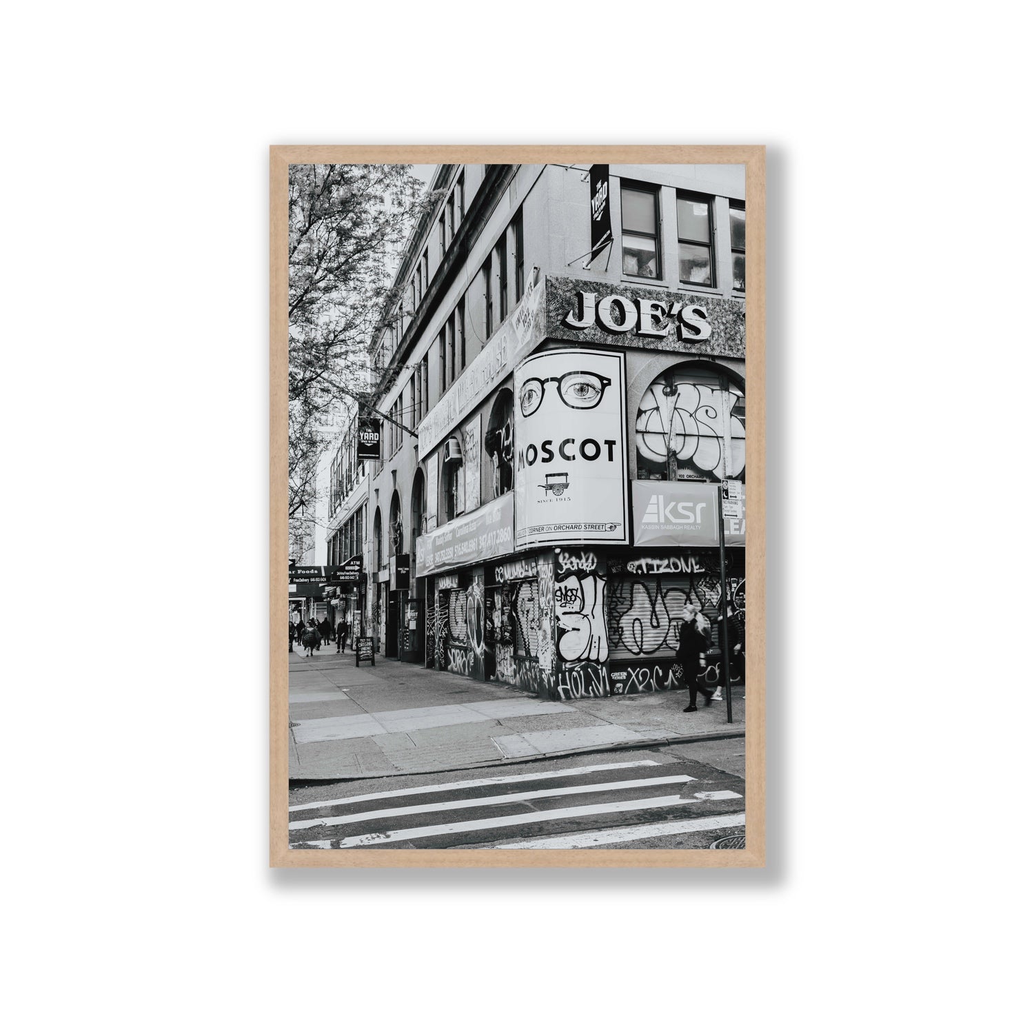 Lower East Side Murals New York NYC Black & White wall art Giant full-bleed fine art print in natural oak frame