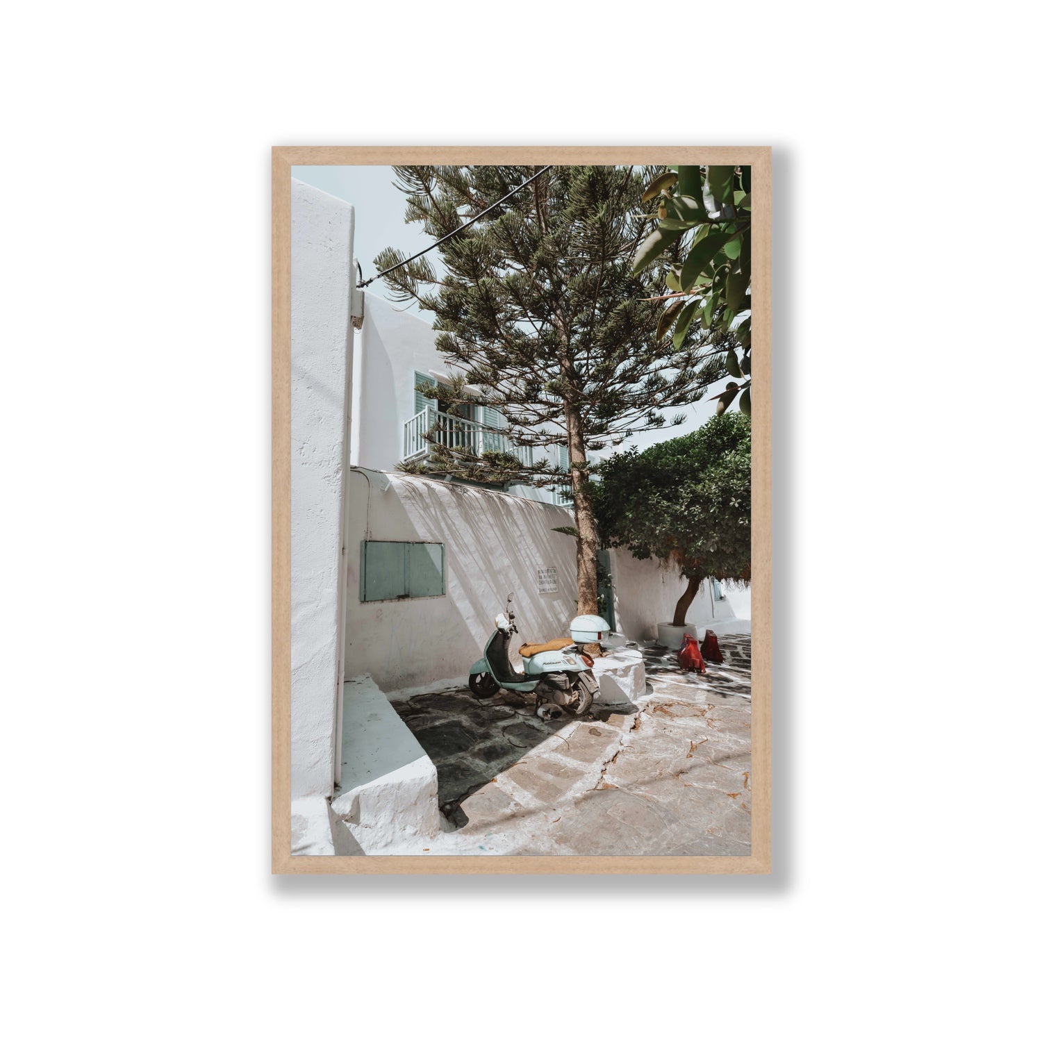 The Getaway Mykonos Mediterranean Greek island art print Giant full-bleed fine art print in natural oak frame