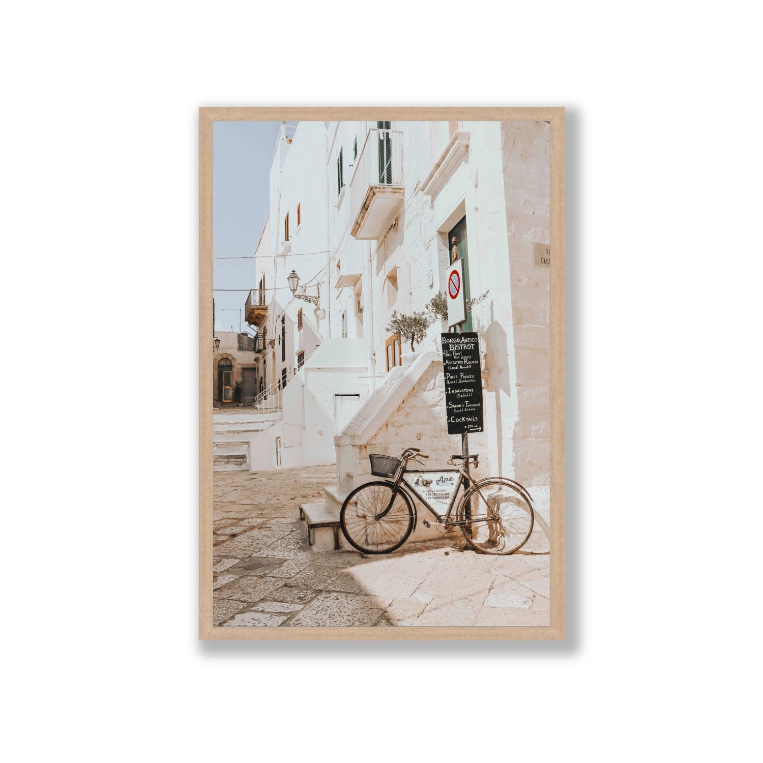 La Bicicletta Puglia Ostuni wall art Giant full-bleed fine art print in natural oak frame