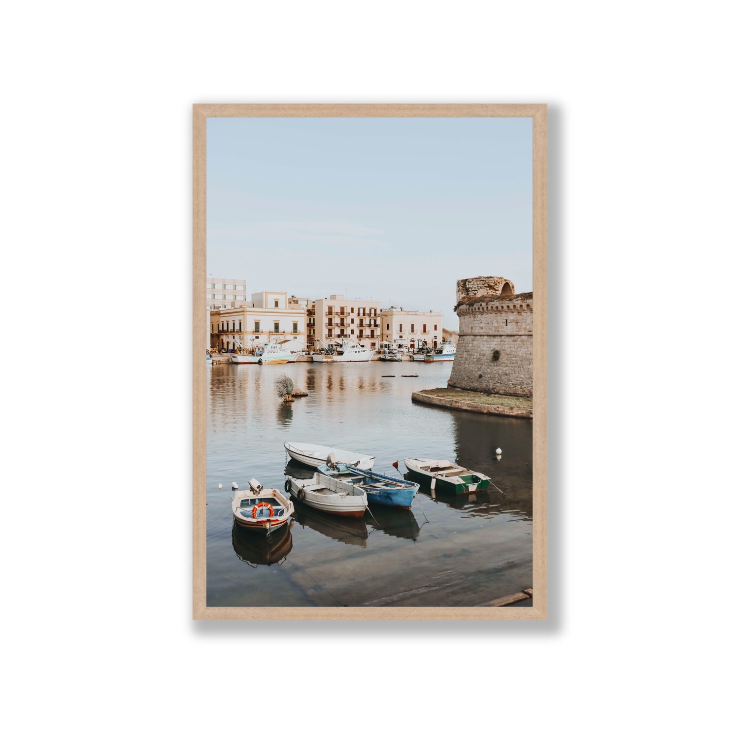 Gallipoli Harbour Puglia coastal wall art Giant full-bleed fine art print in natural oak frame