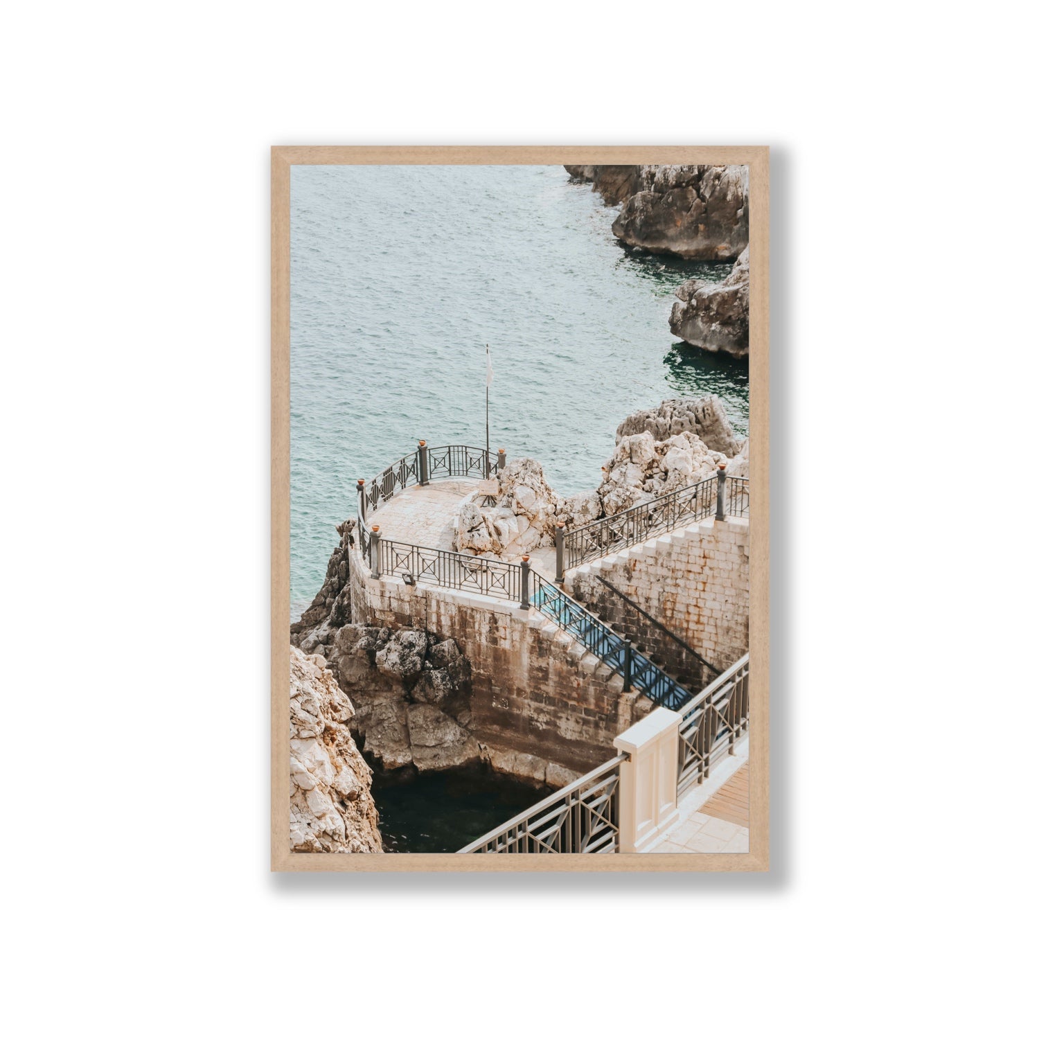 Tidal Staircase Puglia coastal Italian wall art Giant full-bleed fine art print in natural oak frame