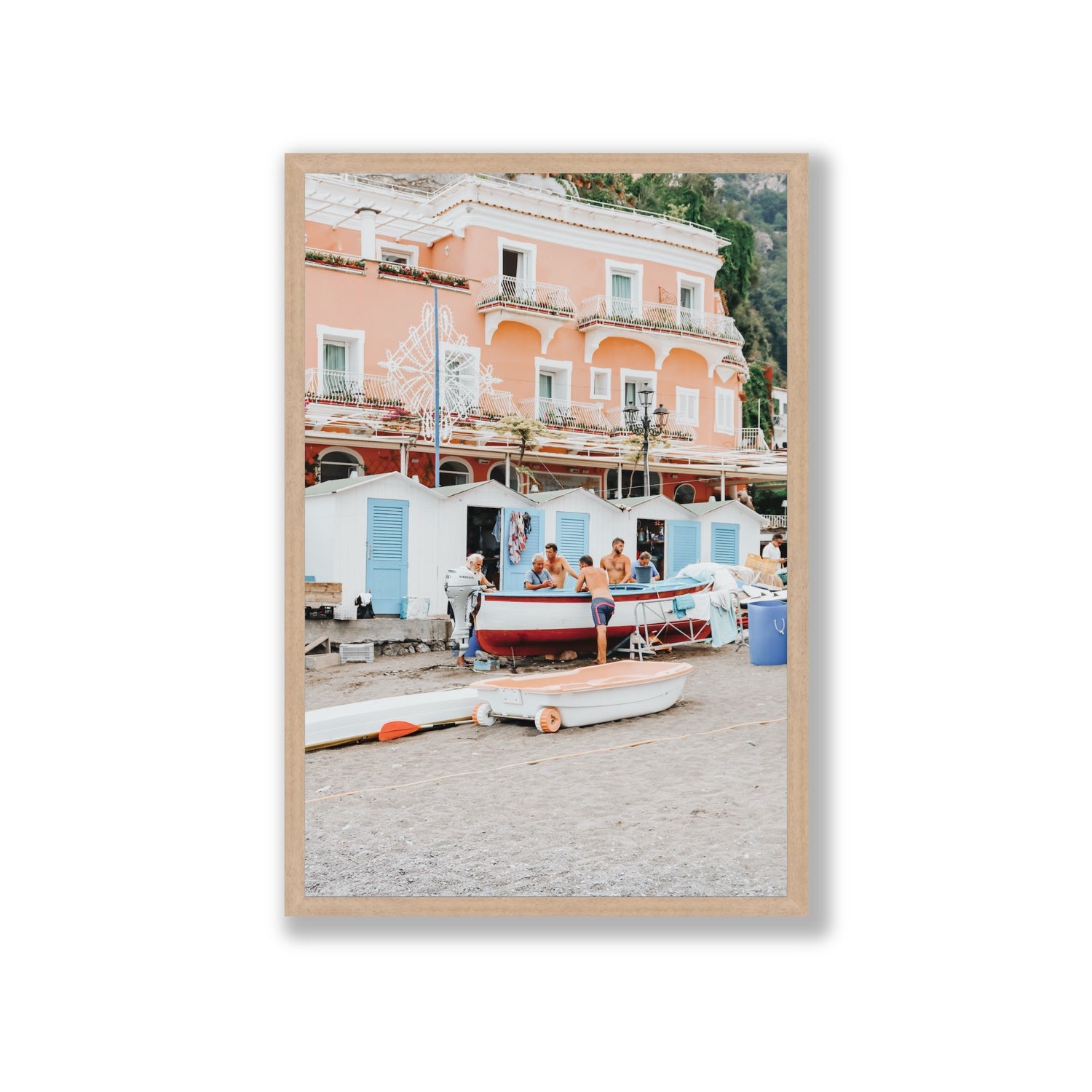 La Riunione della Mattina fine art print, Positano, Italy, Giant, Natural Oak Frame · Full Bleed, Fine Art Print