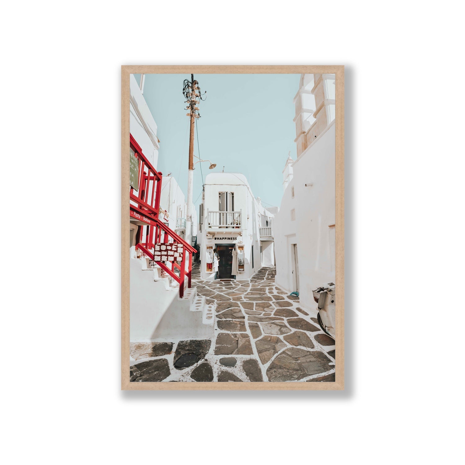 Happiness Mykonos Greek island wall art Giant full-bleed fine art print in natural oak frame