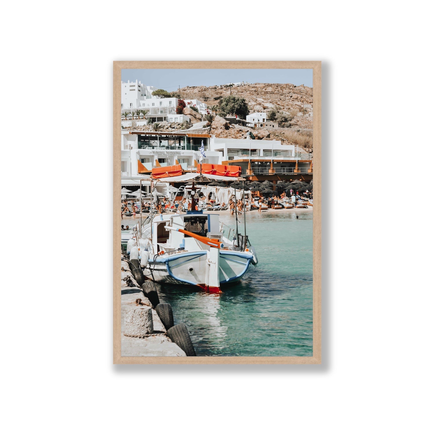 Travel In Style Mykonos Greek island wall art Giant full-bleed fine art print in natural oak frame