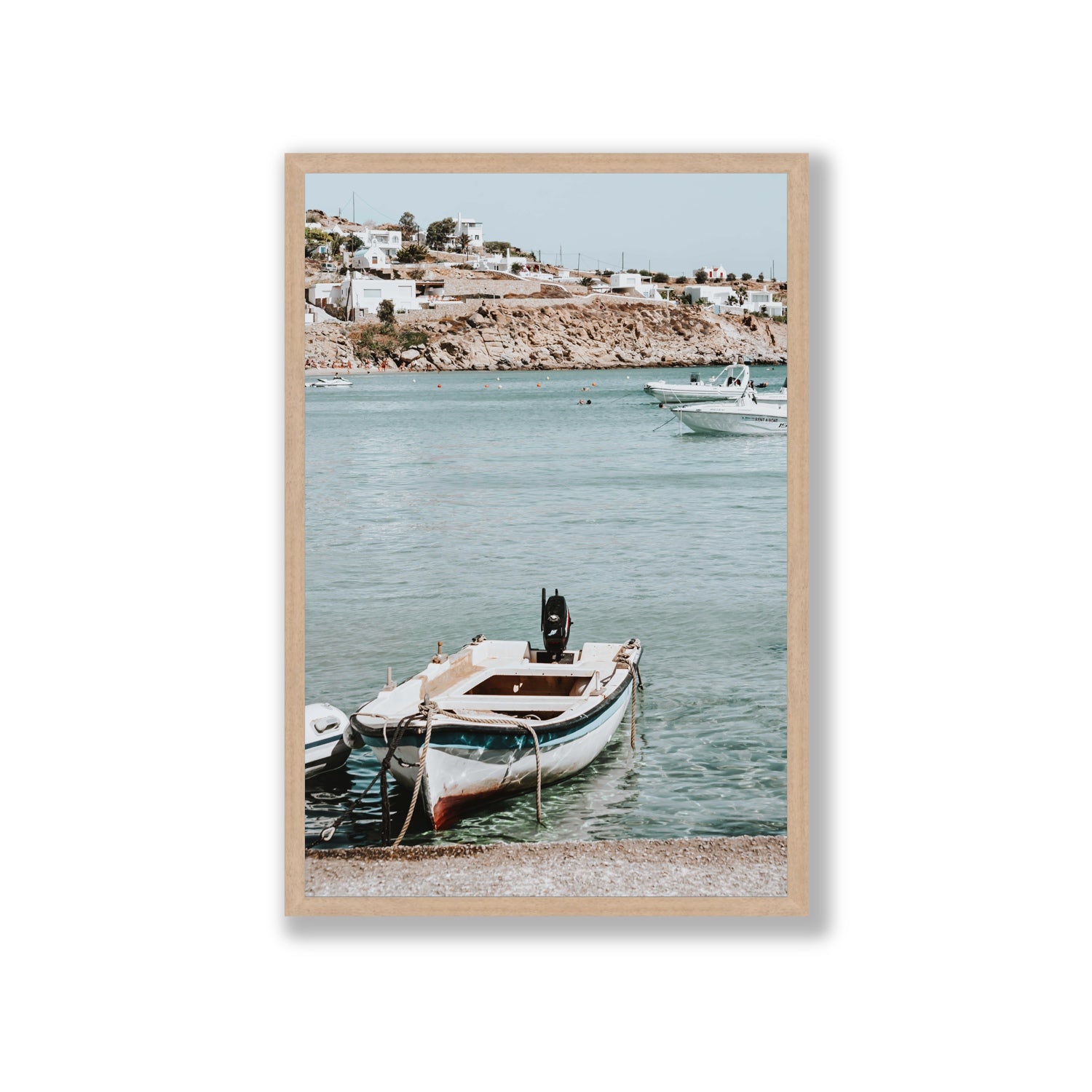 Classic Wheels Mykonos Greek island wall art Giant full-bleed fine art print in natural oak frame