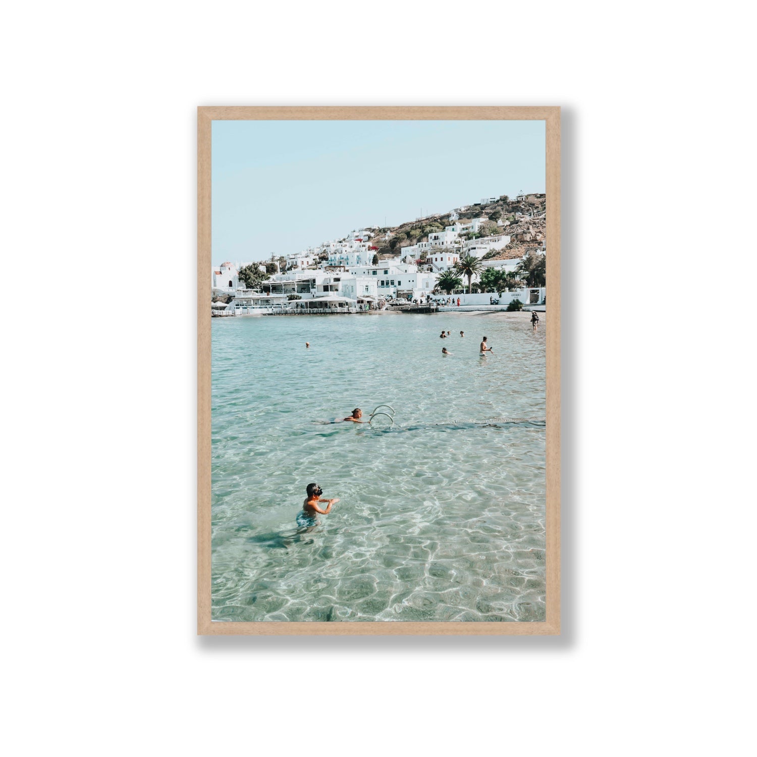 Beside The Seaside Mykonos beach Greek island wall art Giant full-bleed fine art print in natural oak frame