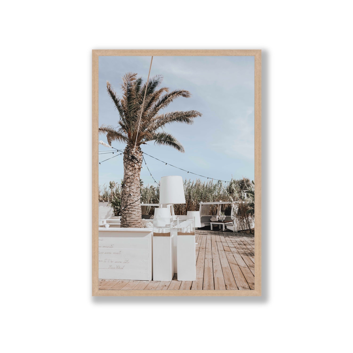 Seabreeze Palm Puglia coastal beach wall art Giant full-bleed fine art print in natural oak frame