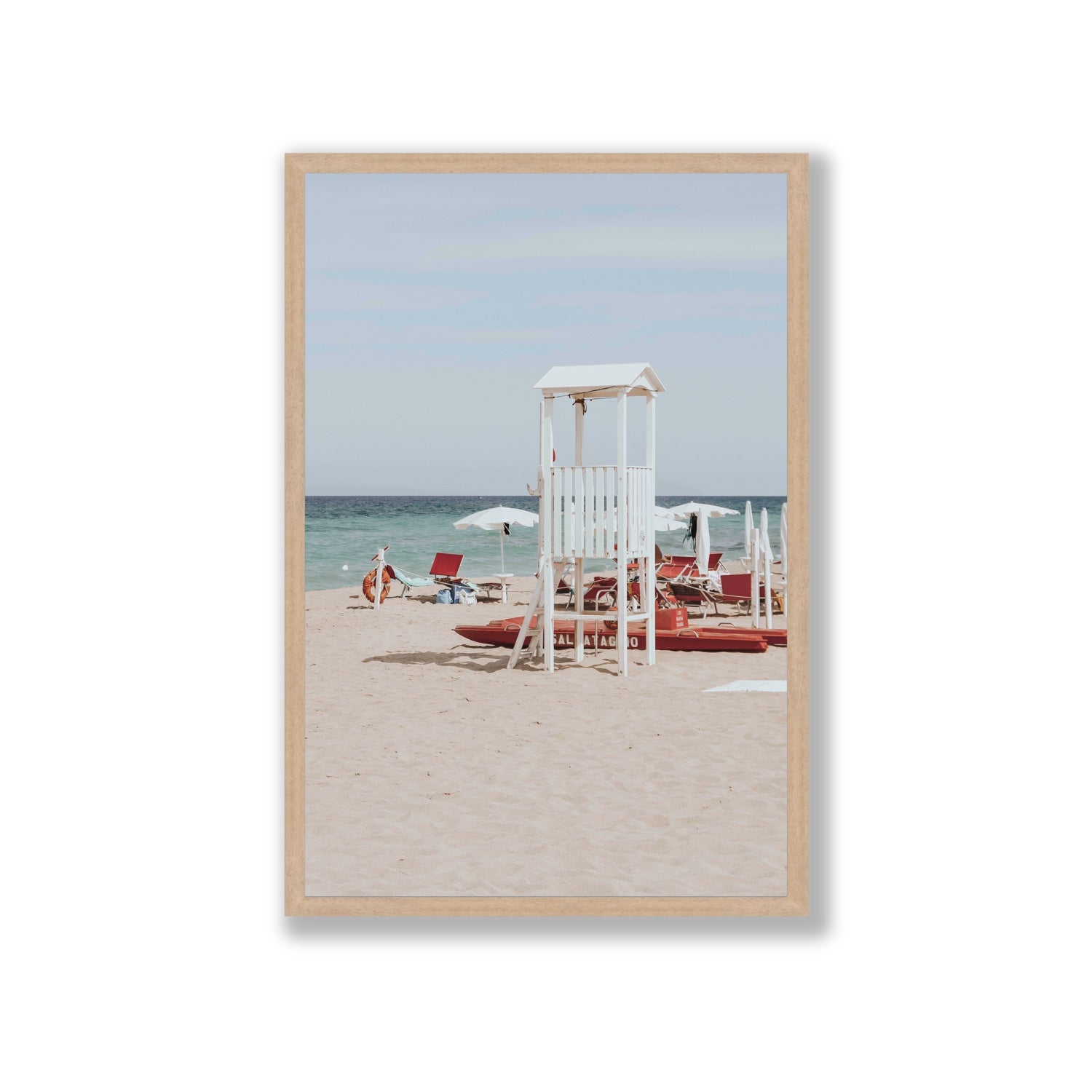 Barefoot Bliss Puglia beach Italian coastal decor wall art Giant full-bleed fine art print in natural oak frame