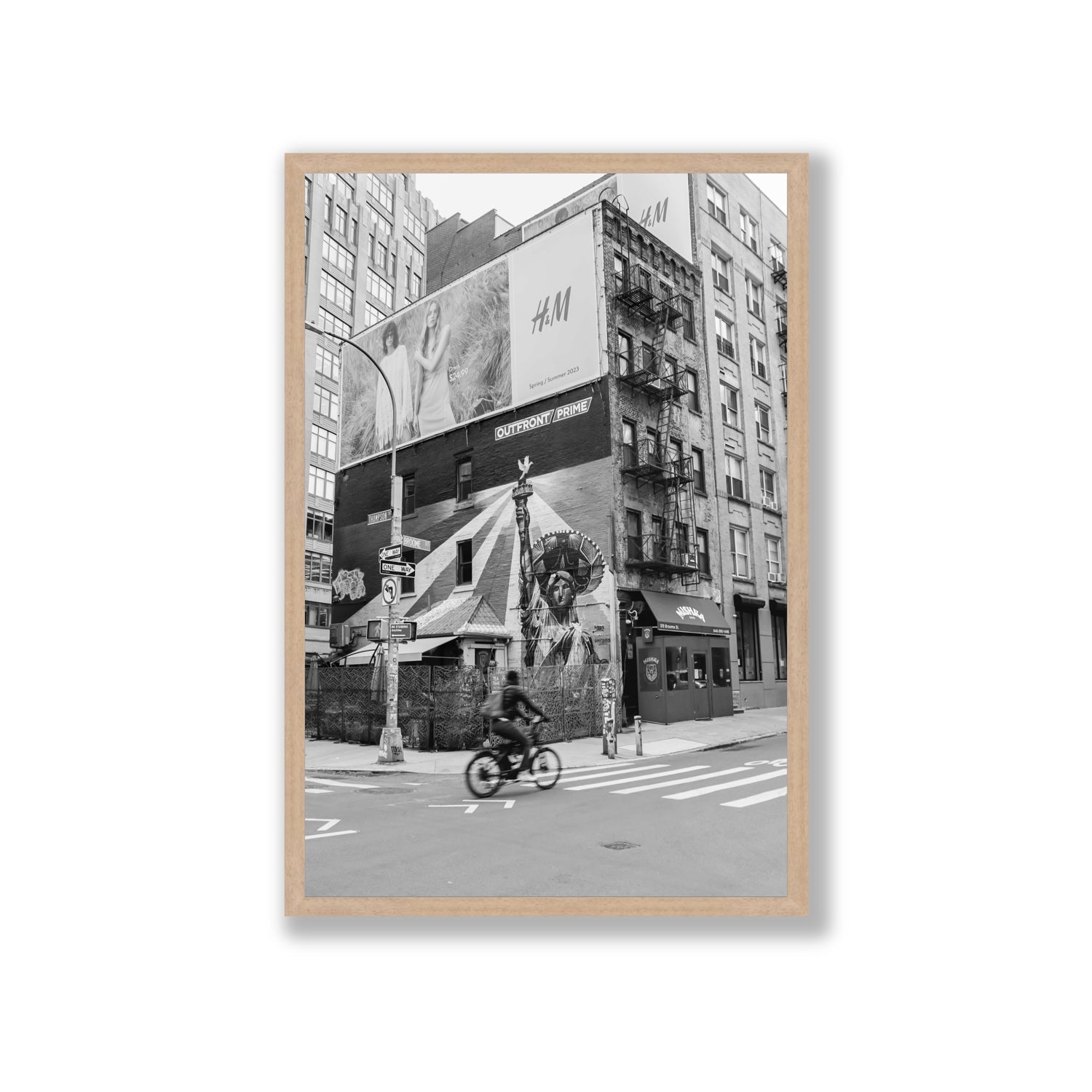 Shadows Of Liberty New York NYC Black & White wall art Giant full-bleed fine art print in natural oak frame