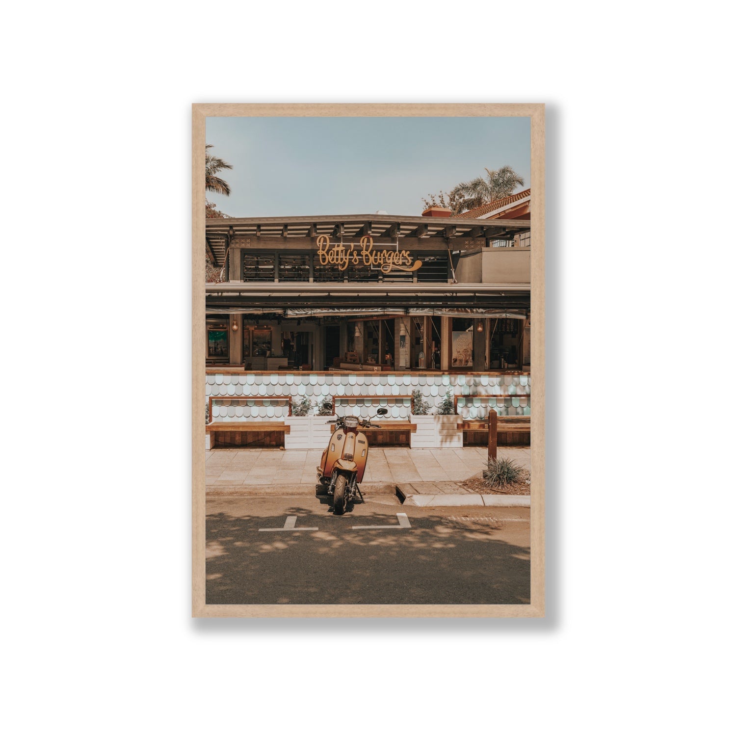 Noosa Nostalgia fine art print, Noosa, Australia, coastal scenes artwork, Giant, Natural Oak Frame · Full Bleed, Fine Art Print