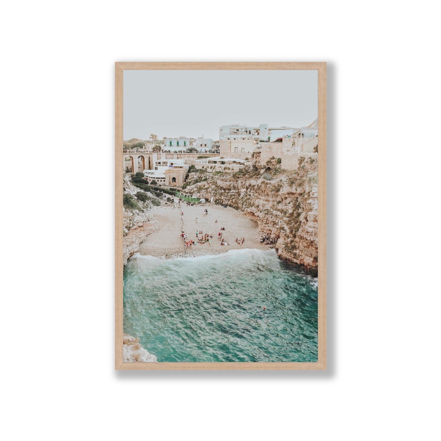 Polignano Vista Puglia coastal Italian beach fine art print Giant full-bleed fine art print in natural oak frame