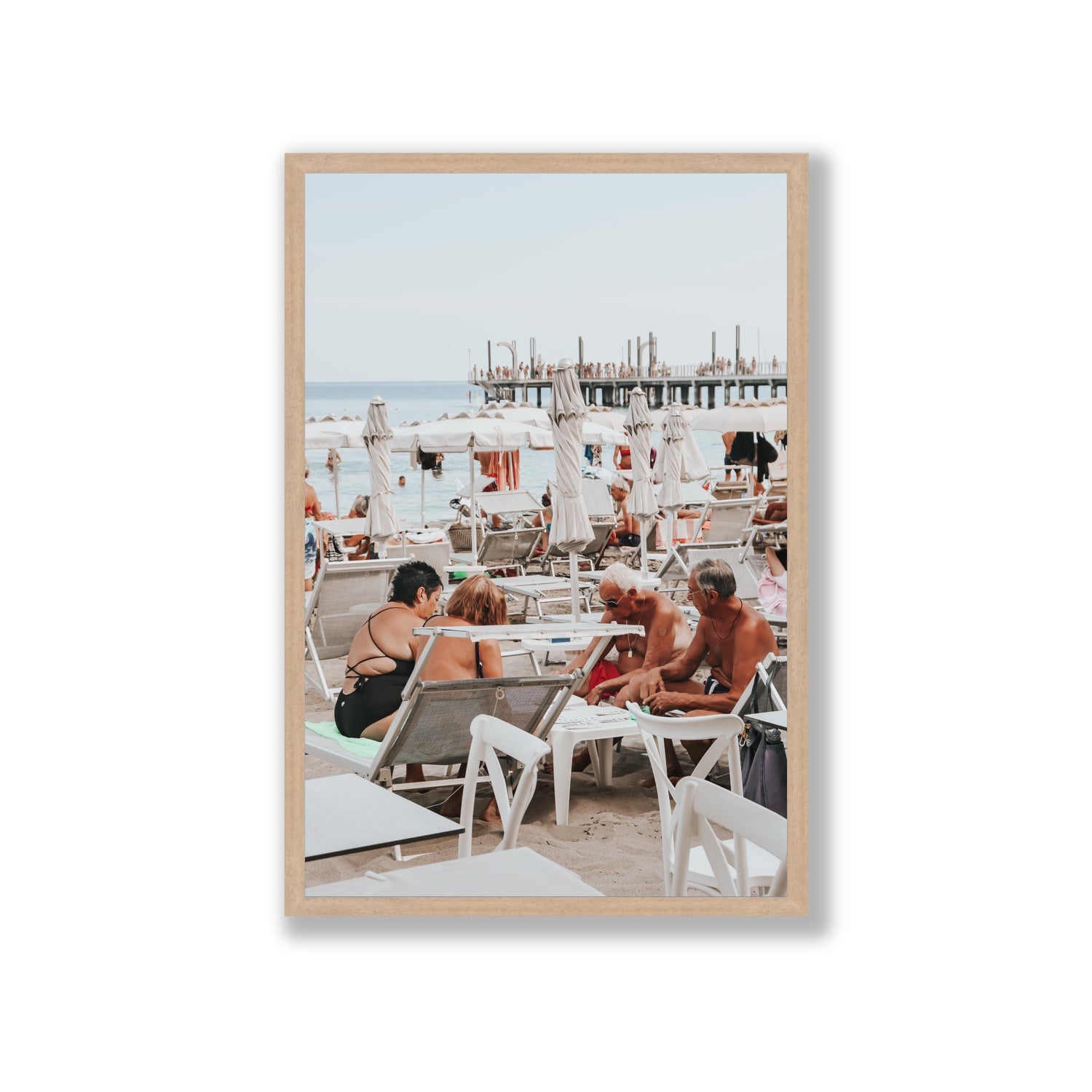 Salted Shuffle fine art print, Alassio, Italy, people and locals artwork, Giant, Natural Oak Frame · Full Bleed, Fine Art Print