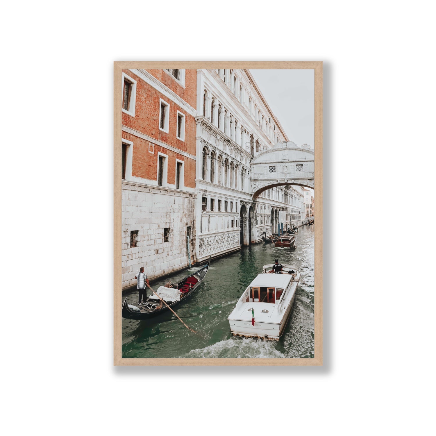 Under the Bridge Venice Gondola Italian wall art Giant full-bleed fine art print in natural oak frame
