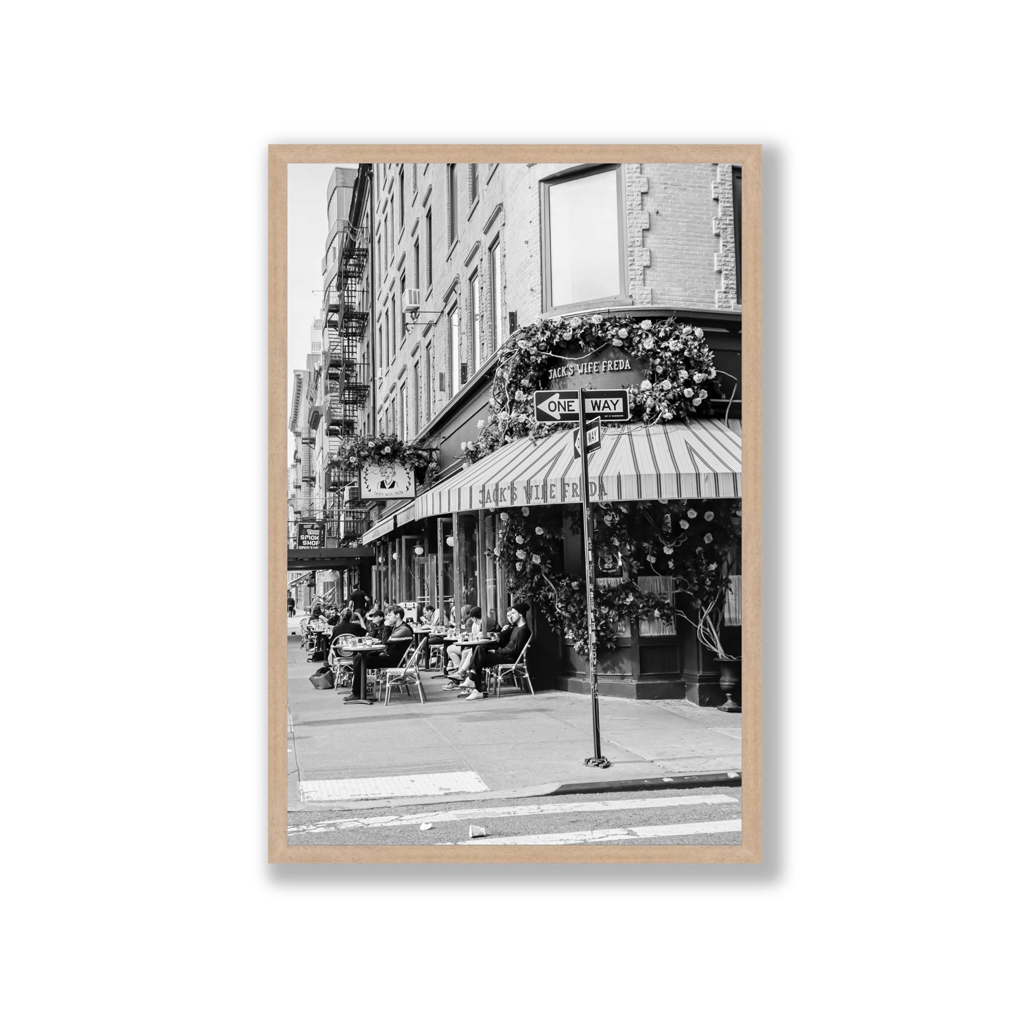 Freda's Feast New York NYC Black & White wall art Giant full-bleed fine art print in natural oak frame