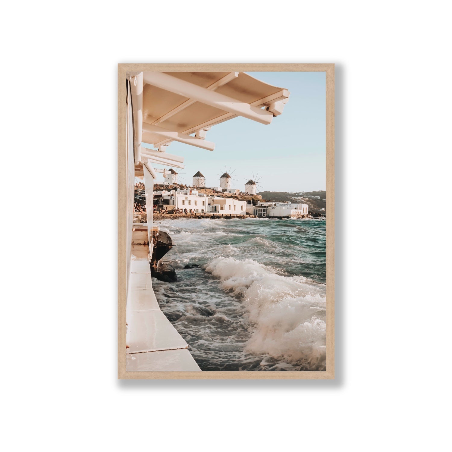 Windmills Mykonos Greek island wall art Giant full-bleed fine art print in natural oak frame