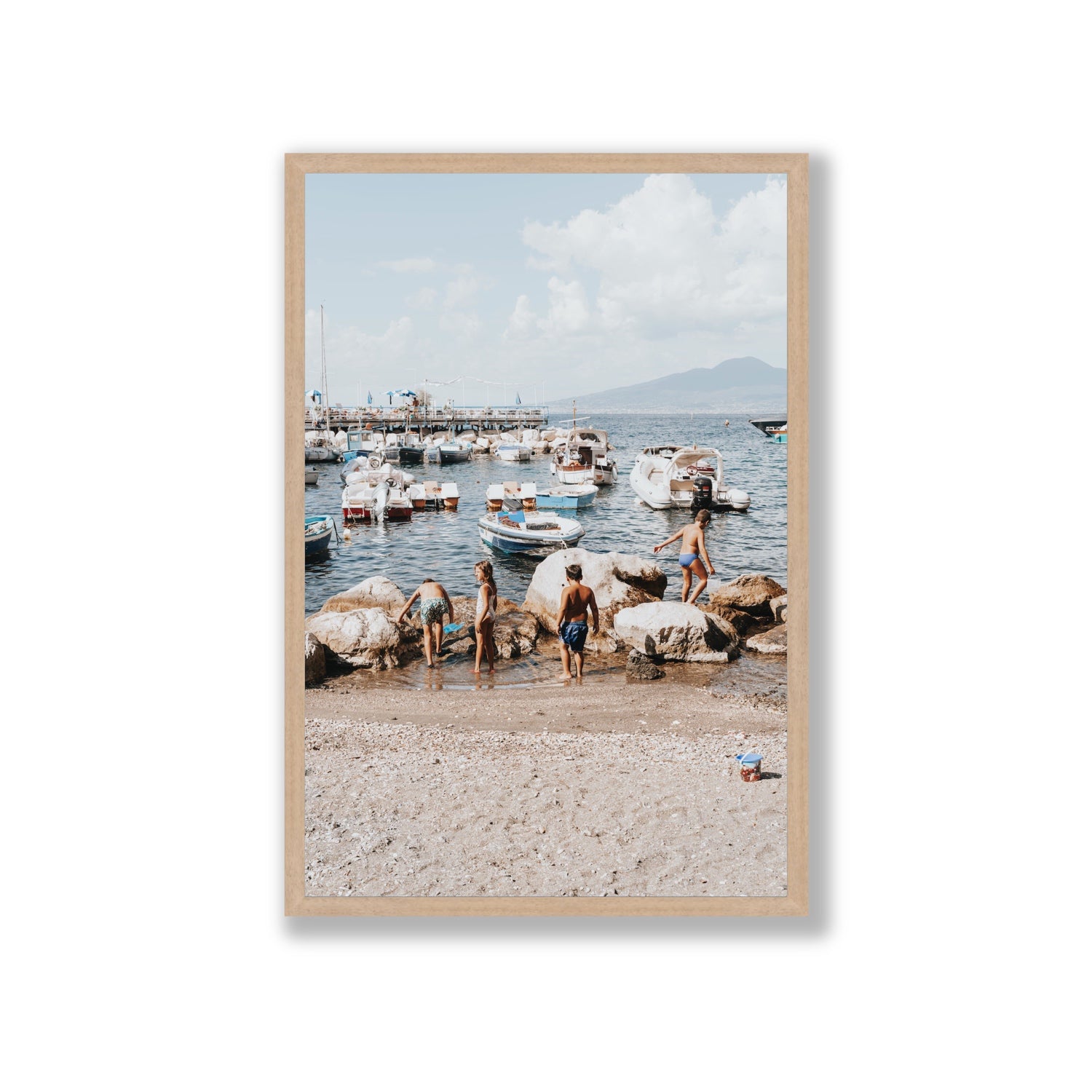 Searching For Treasures Sorrento coastal wall art Giant full-bleed fine art print in natural oak frame