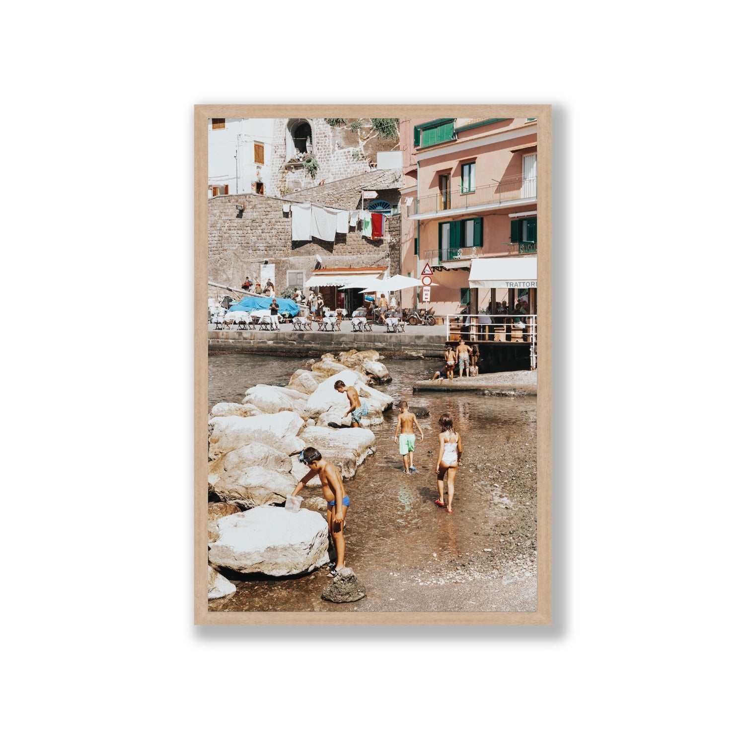 The Beachcombers Sorrento beach coastal wall art Giant full-bleed fine art print in natural oak frame