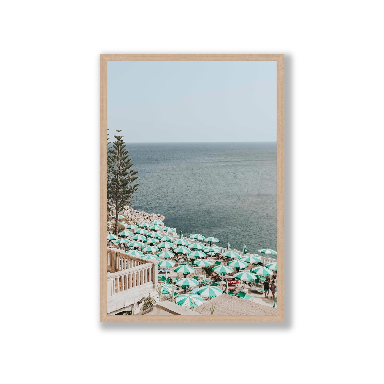 Sun-drenched Stripes Puglia beach coastal wall art Giant full-bleed fine art print in natural oak frame