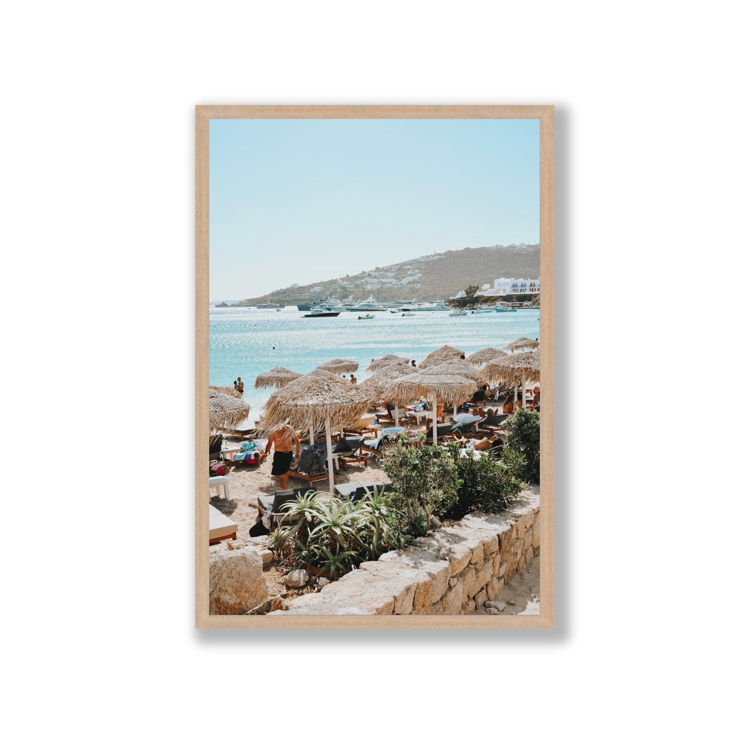 Beachside Huts Mykonos Greek island wall art Giant full-bleed fine art print in natural oak frame