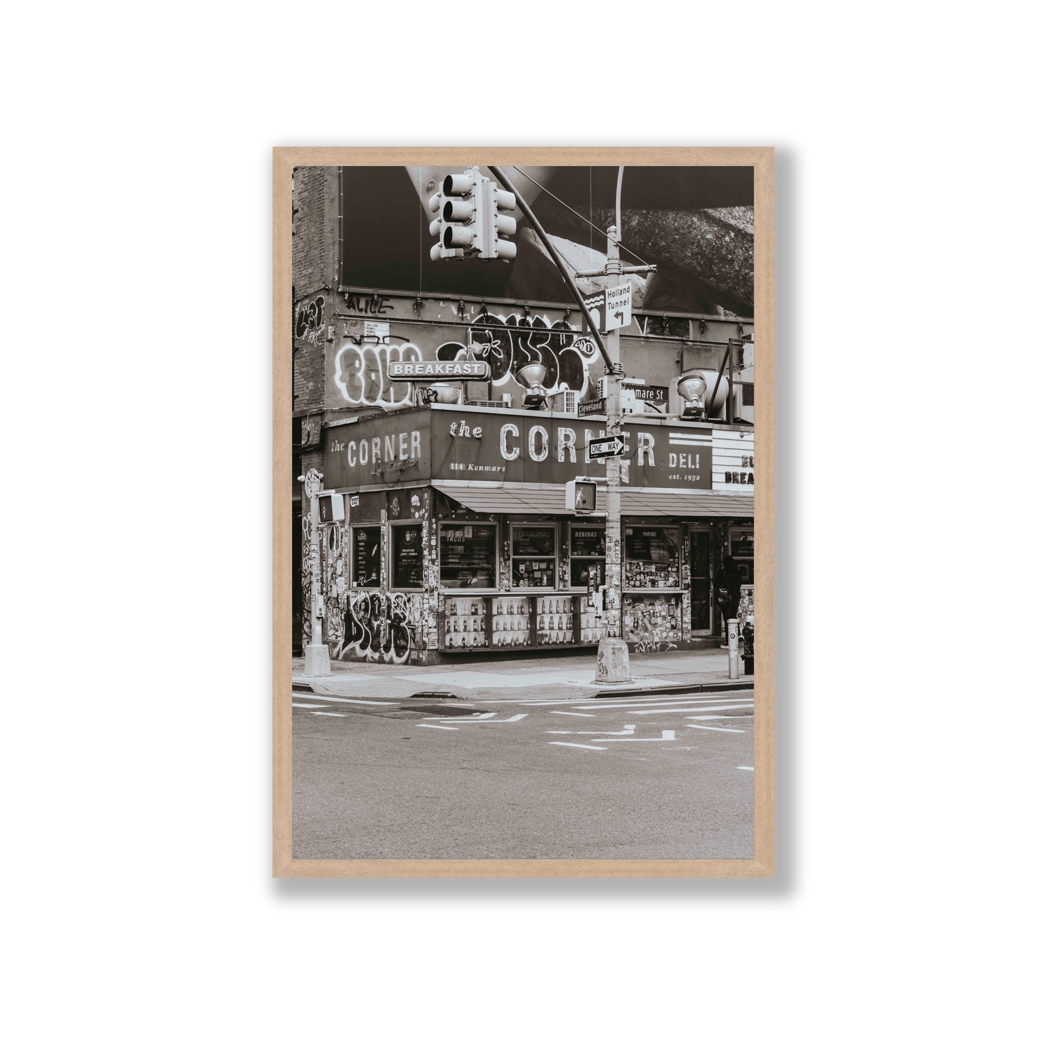 Soho Deli New York NYC Black & White wall art Giant full-bleed fine art print in natural oak frame