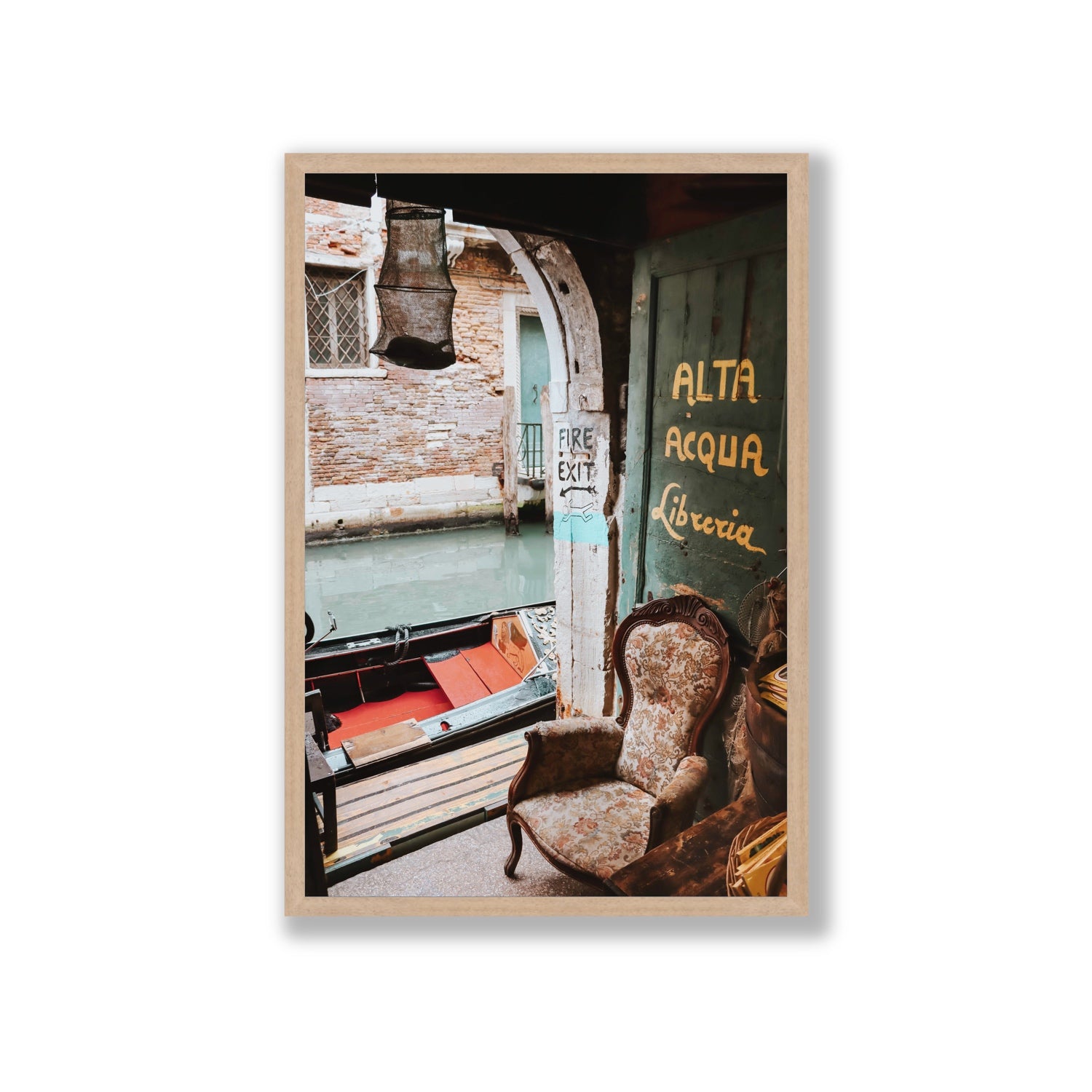 Alta Acqua Venice Bookstore wall art Giant full-bleed fine art print in natural oak frame