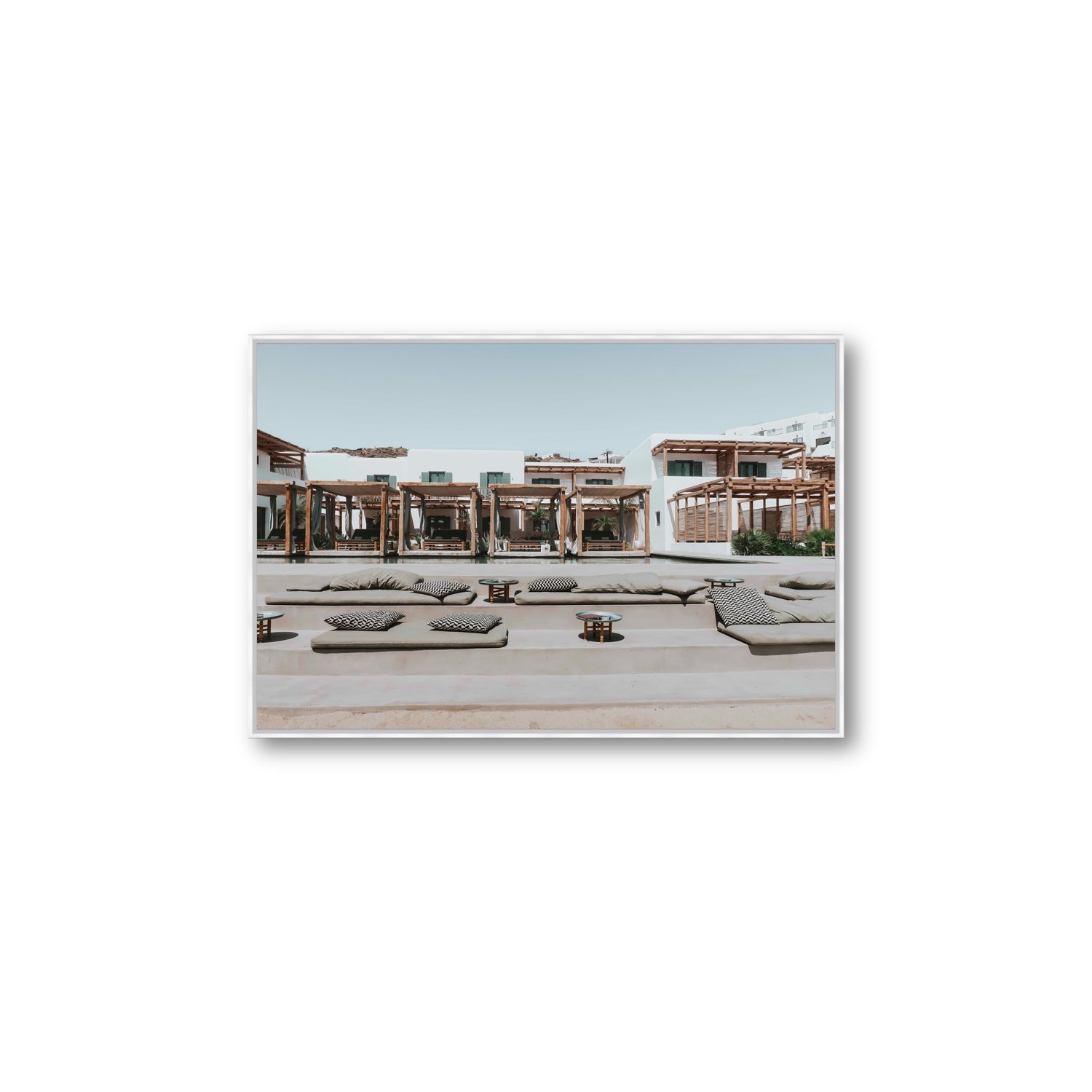 Platis Gialos fine art print, Mykonos, Greece, Large, White Float Frame, Fine Art Canvas