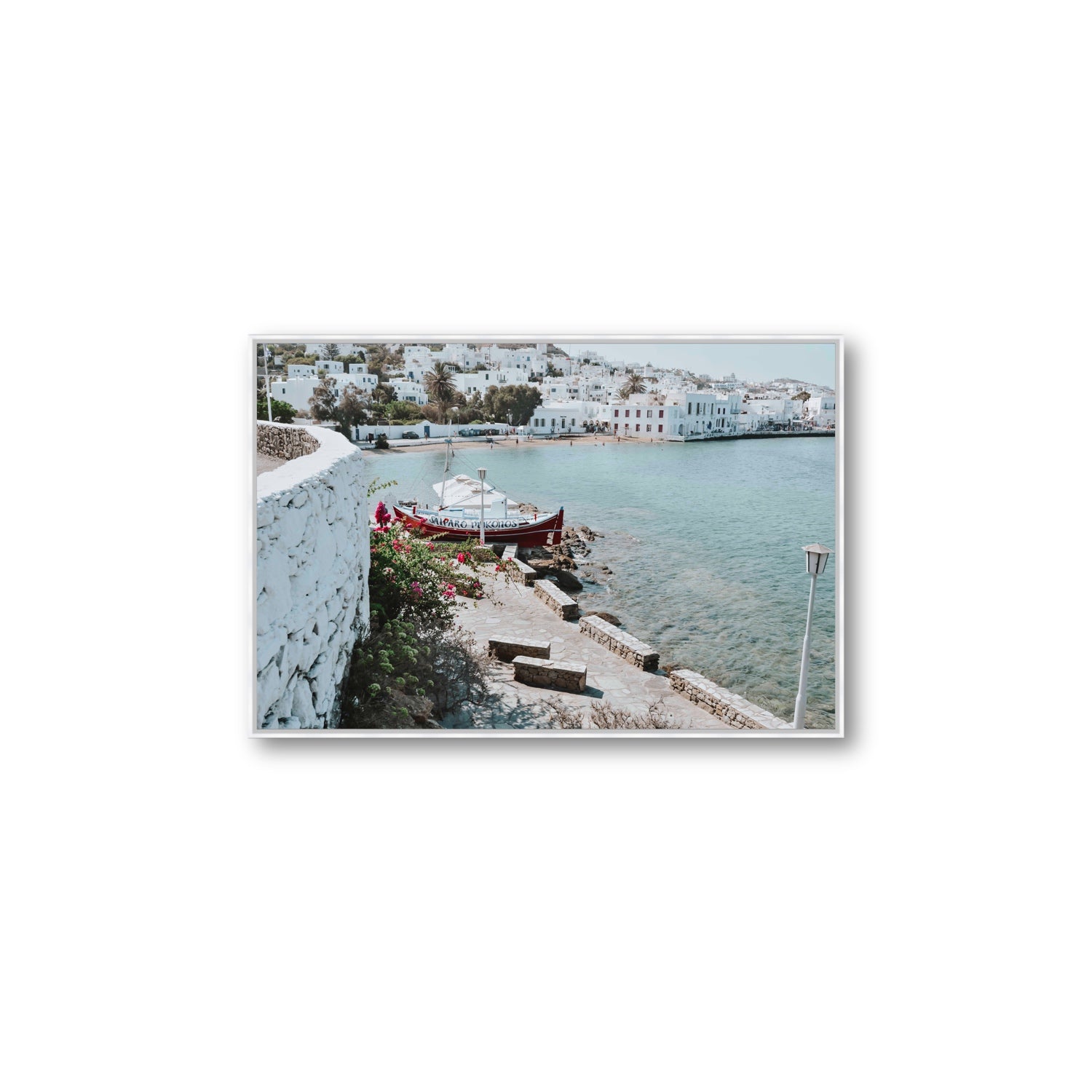 Harika Mykonos Greek island wall art Large fine art canvas in white float frame