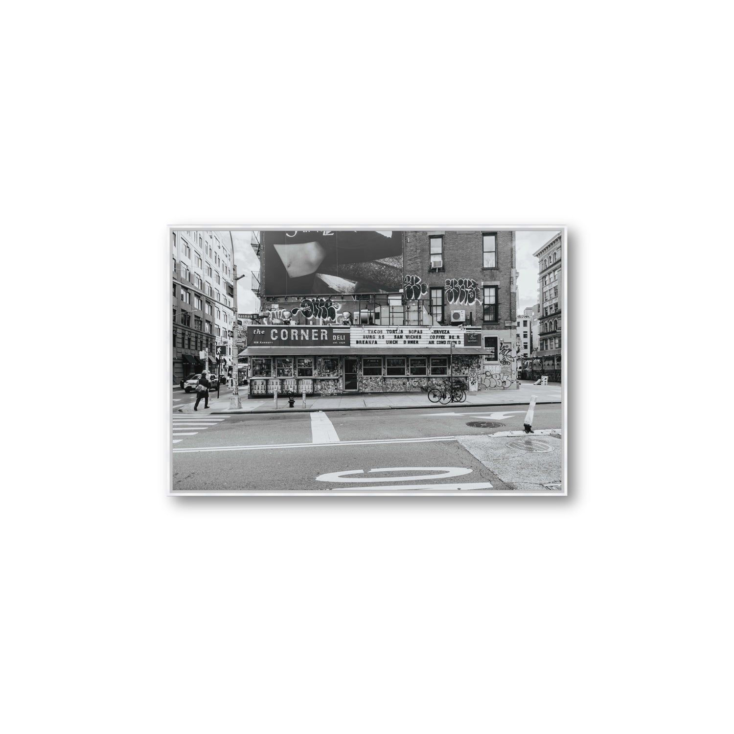 Kenmare Street New York NYC Black & White wall art Large fine art canvas in white float frame