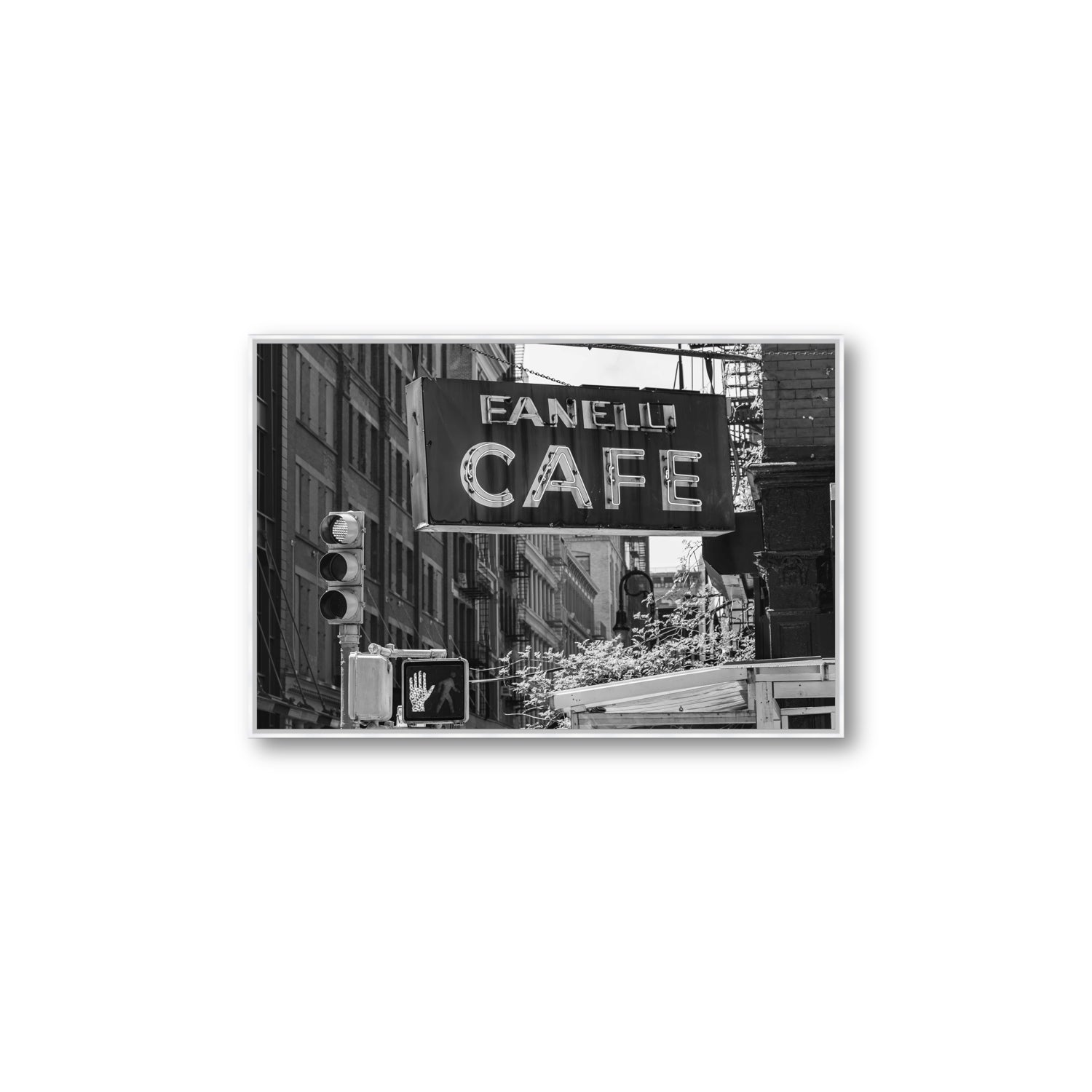 Soho Neon New York NYC Black & White wall art Large fine art canvas in white float frame