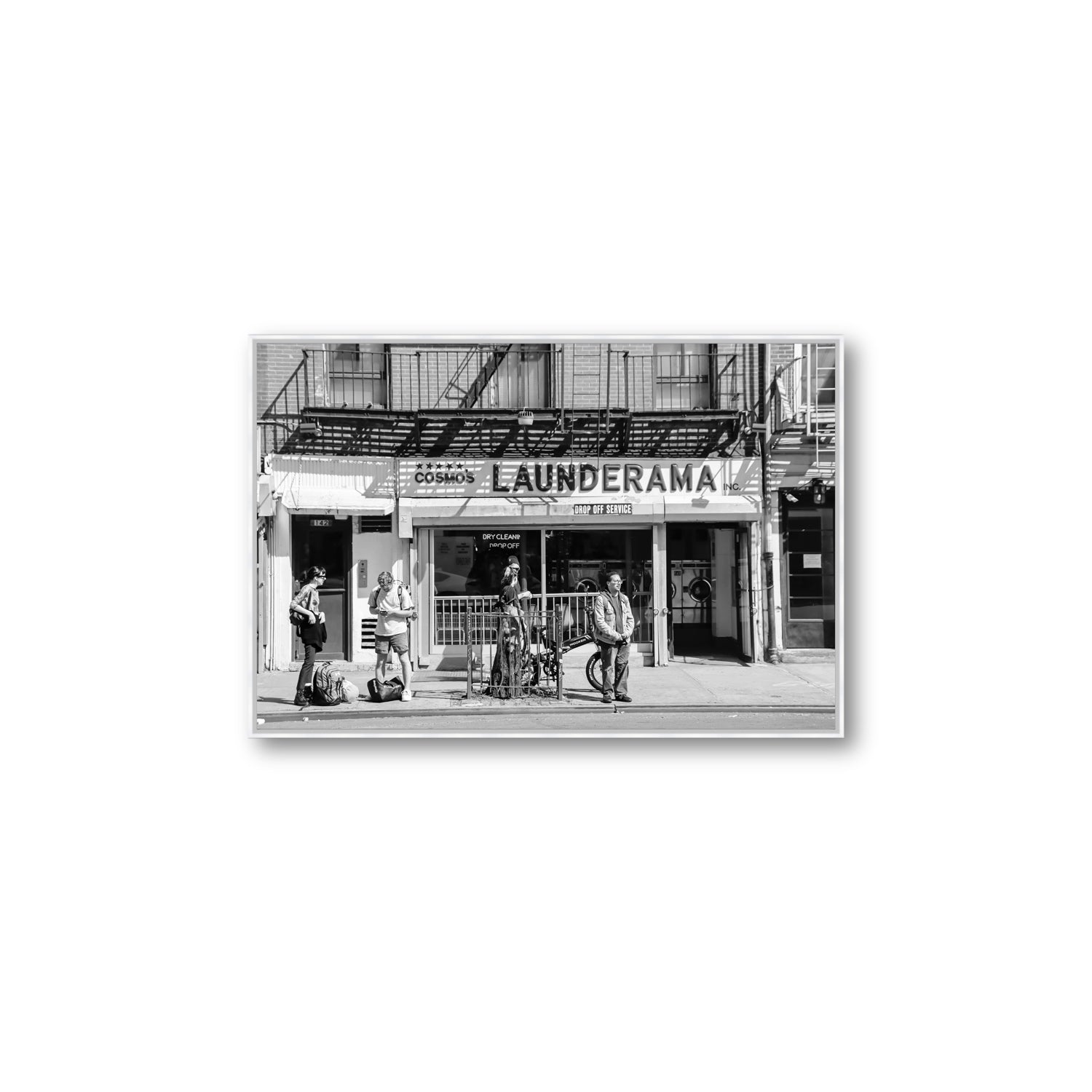 Launderama New York NYC Black & White wall art Large fine art canvas in white float frame