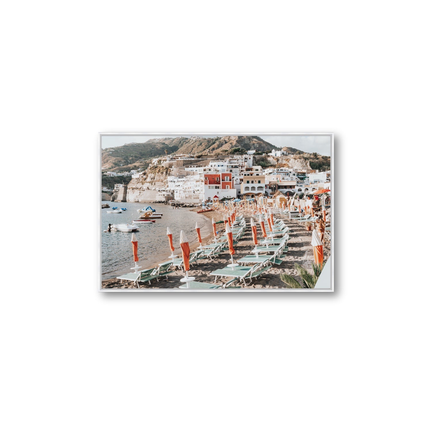 Sole Estivo Ischia Italian coastal wall art Large fine art canvas in white float frame