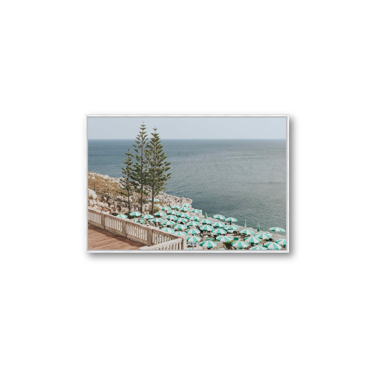 Azure Horizon Puglia beach coastal wall art Large fine art canvas in white float frame