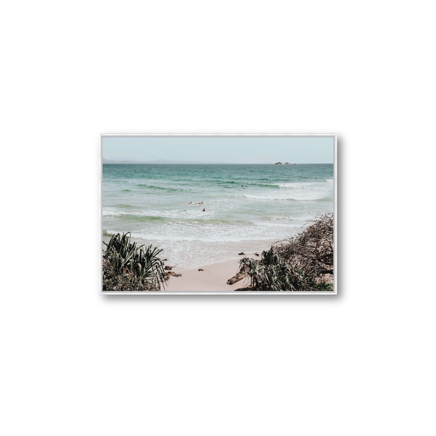 Surf City Byron Bay Surf coastal wall art Large fine art canvas in white float frame