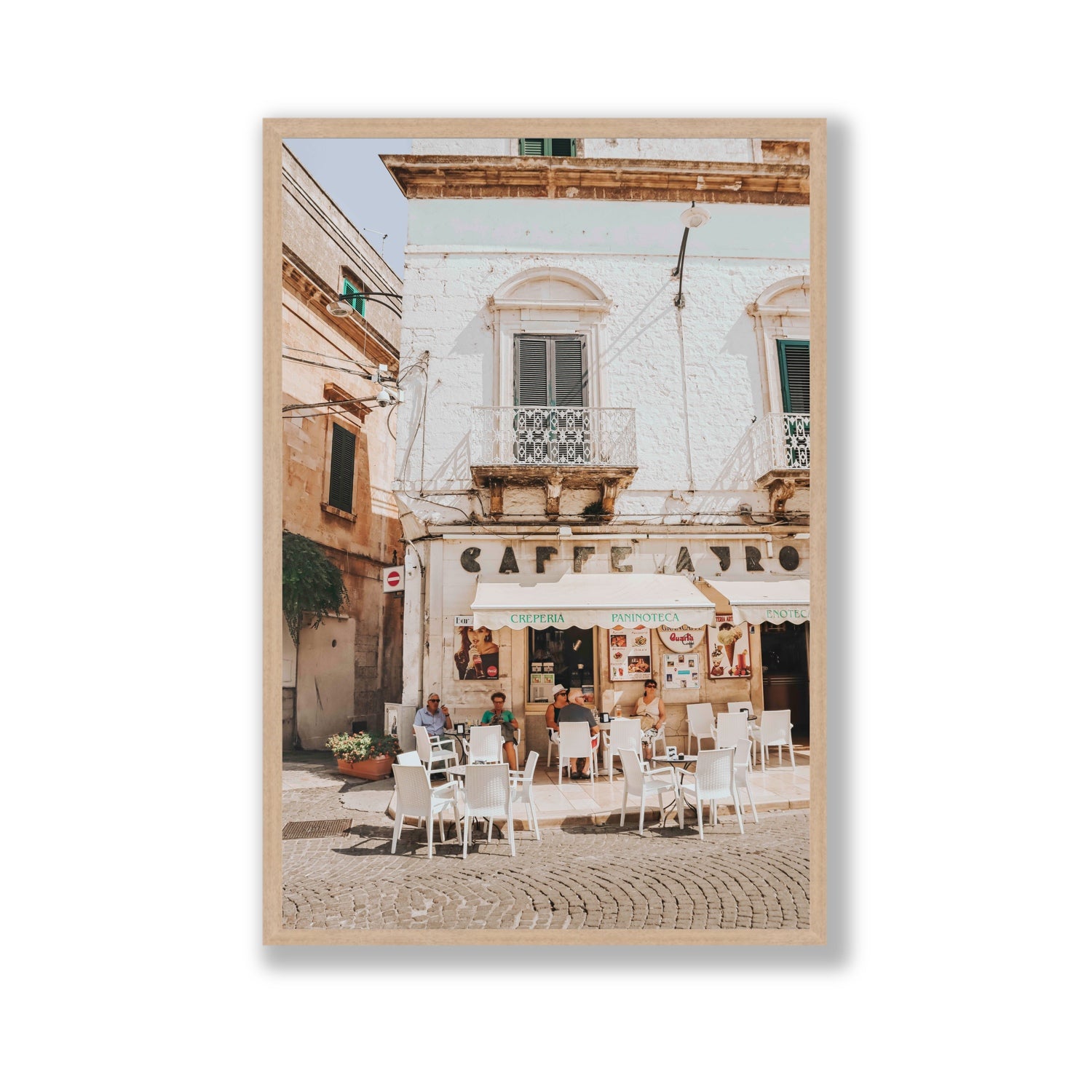 Cafe Ostuni Puglia Café Ostuni Italian wall art Gallery full-bleed fine art print in natural oak frame