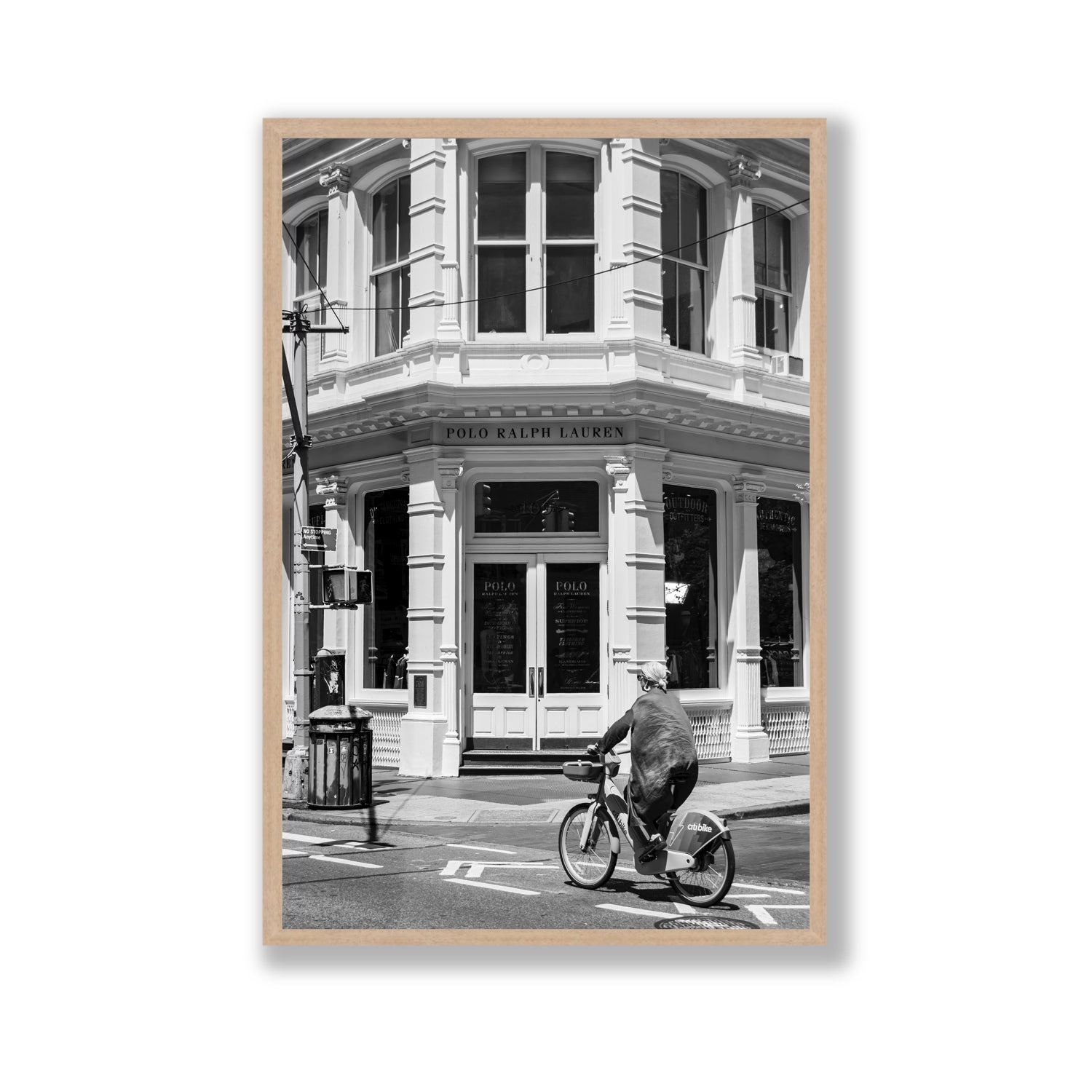 Downtown Rider New York NYC Black & White wall art Gallery full-bleed fine art print in natural oak frame