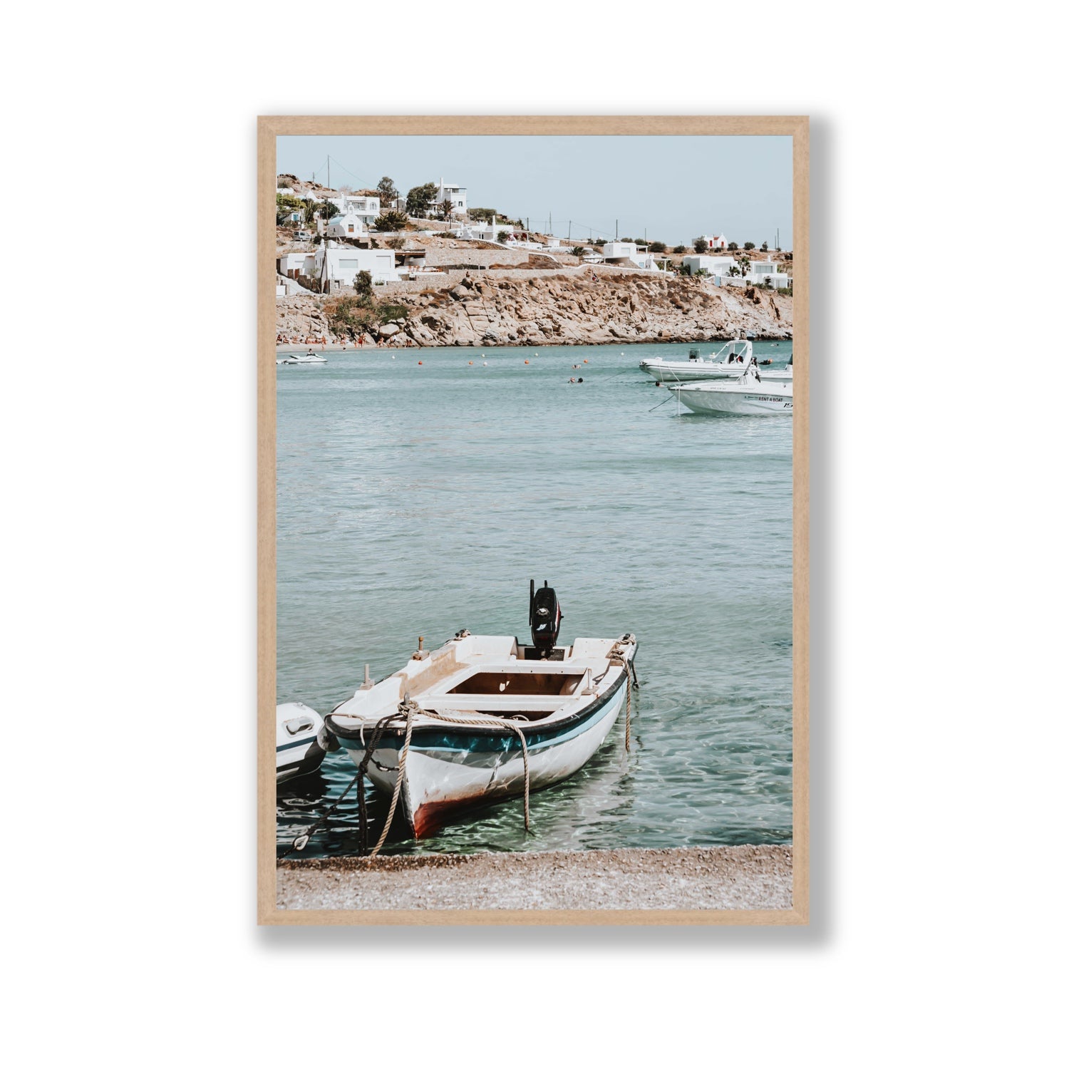 Classic Wheels Mykonos Greek island wall art Gallery full-bleed fine art print in natural oak frame