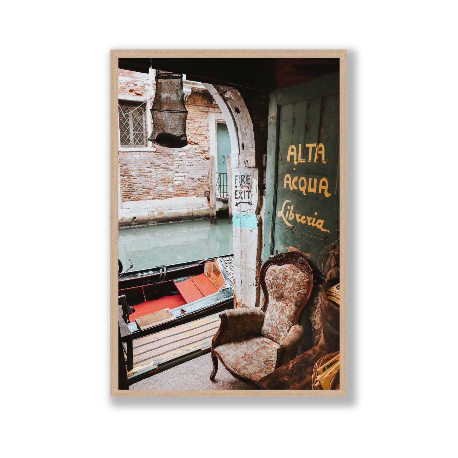 Alta Acqua Venice Bookstore wall art Gallery full-bleed fine art print in natural oak frame